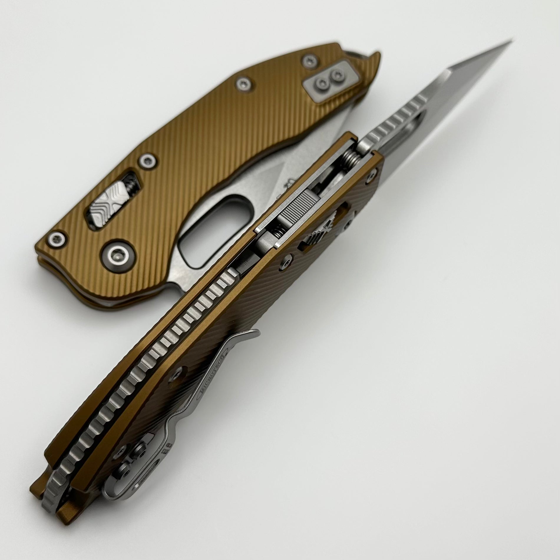 Microtech Knives Manual Stitch RAM LOK Fluted Tan Aluminum Stonewash Standard & M390MK 169RL-10FLTA