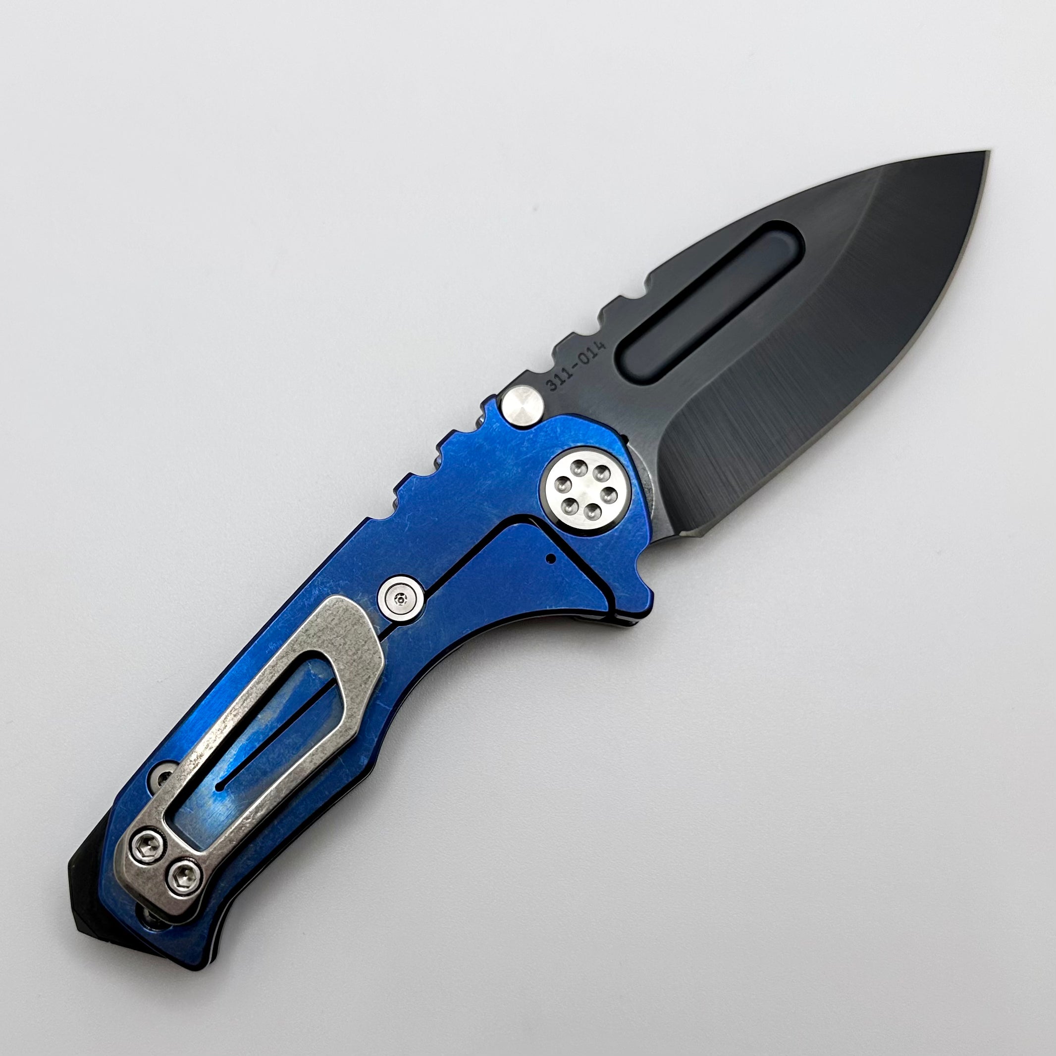 Medford Micro Praetorian T w/ DLC S45 Drop Point & Blue/Flamed Finish Handles Pattern #2