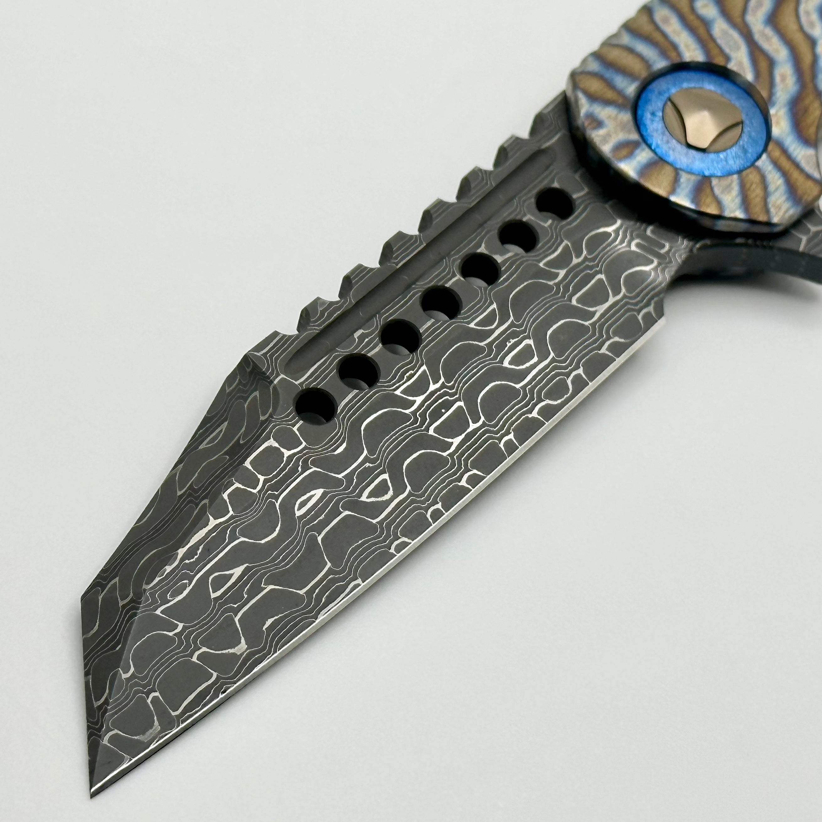 Marfione Custom Knives Warhound Flamed Barked Titanium w/ Blue Ti Hardware & Vegas Forge Stainless Reptilian Damascus Pattern #1