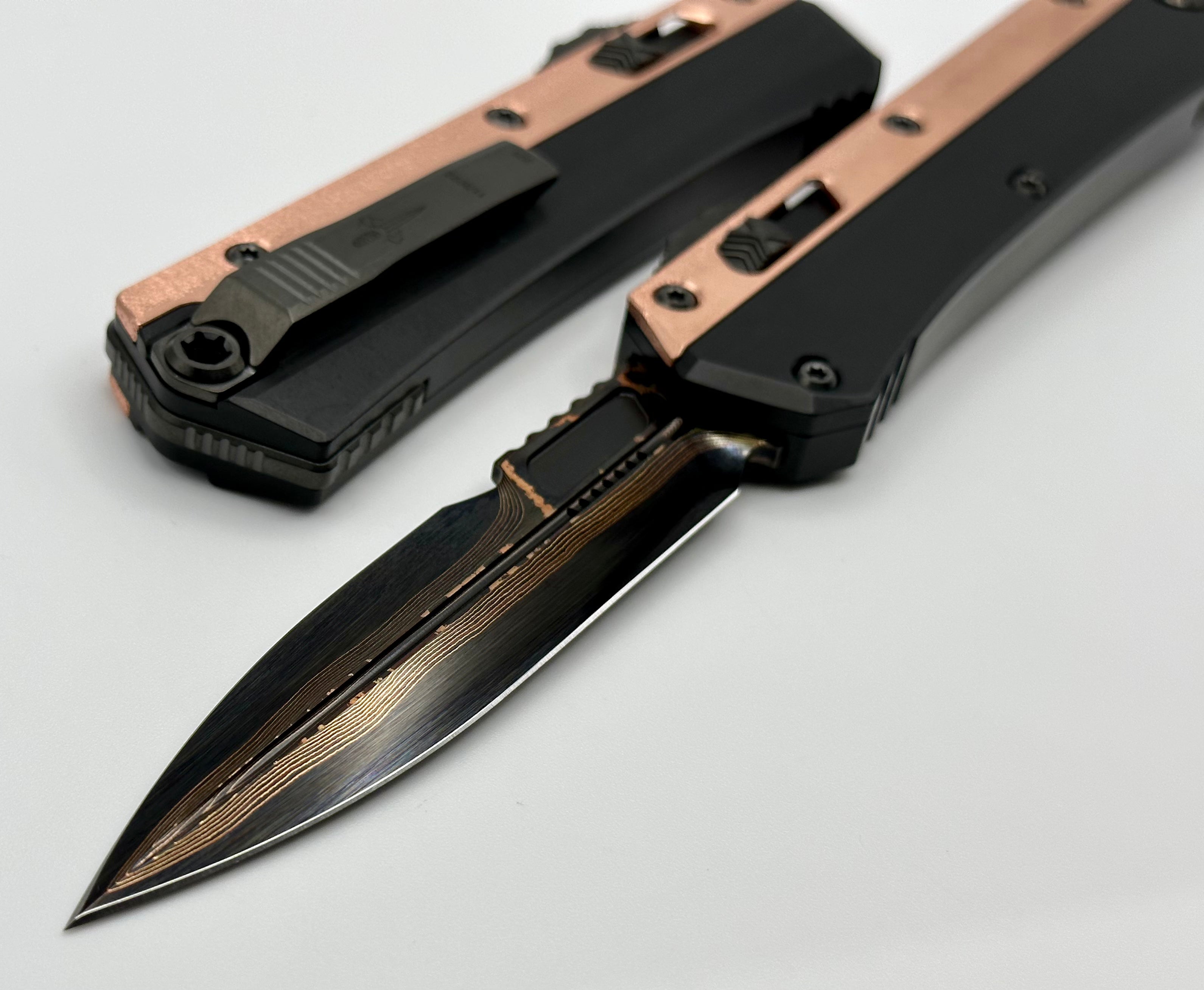 Marfione Custom Knives Glykon Hot Blued Baker Forge Tiger Mai Bayonet w/ Hefted Black Aluminum Handle & Stippled Copper Overlay ONE PER HOUSEHOLD