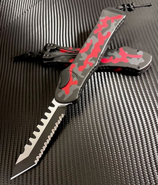 Heretic Hydra V3 Red Camo Aluminum Handle & Two Tone Cerakote Tanto Full Serrated MagnaCut H006-10C-RCAMO