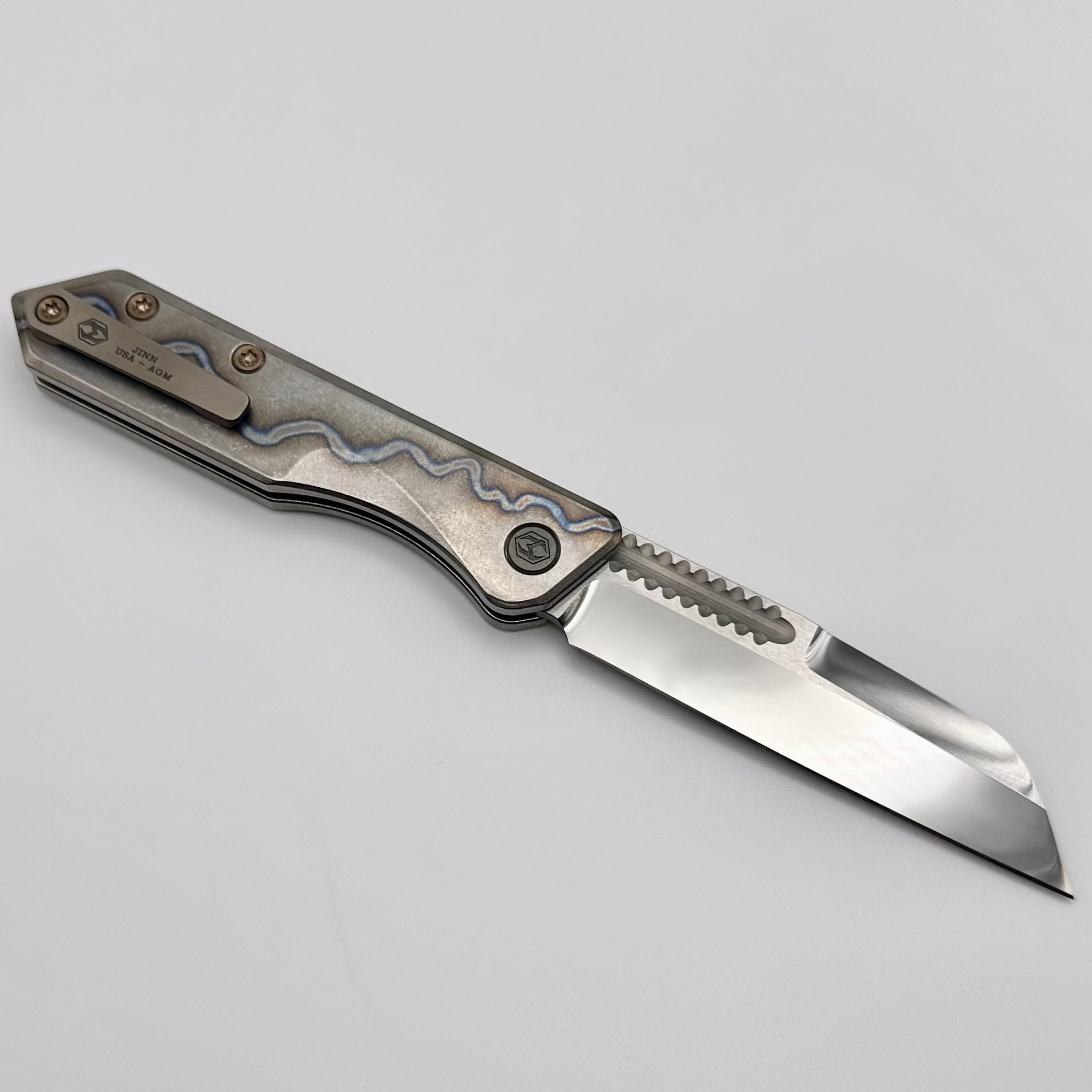 Heretic Knives Jinn Flamed Titanium w/ Bronze Accents & Mirror Polish Elmax