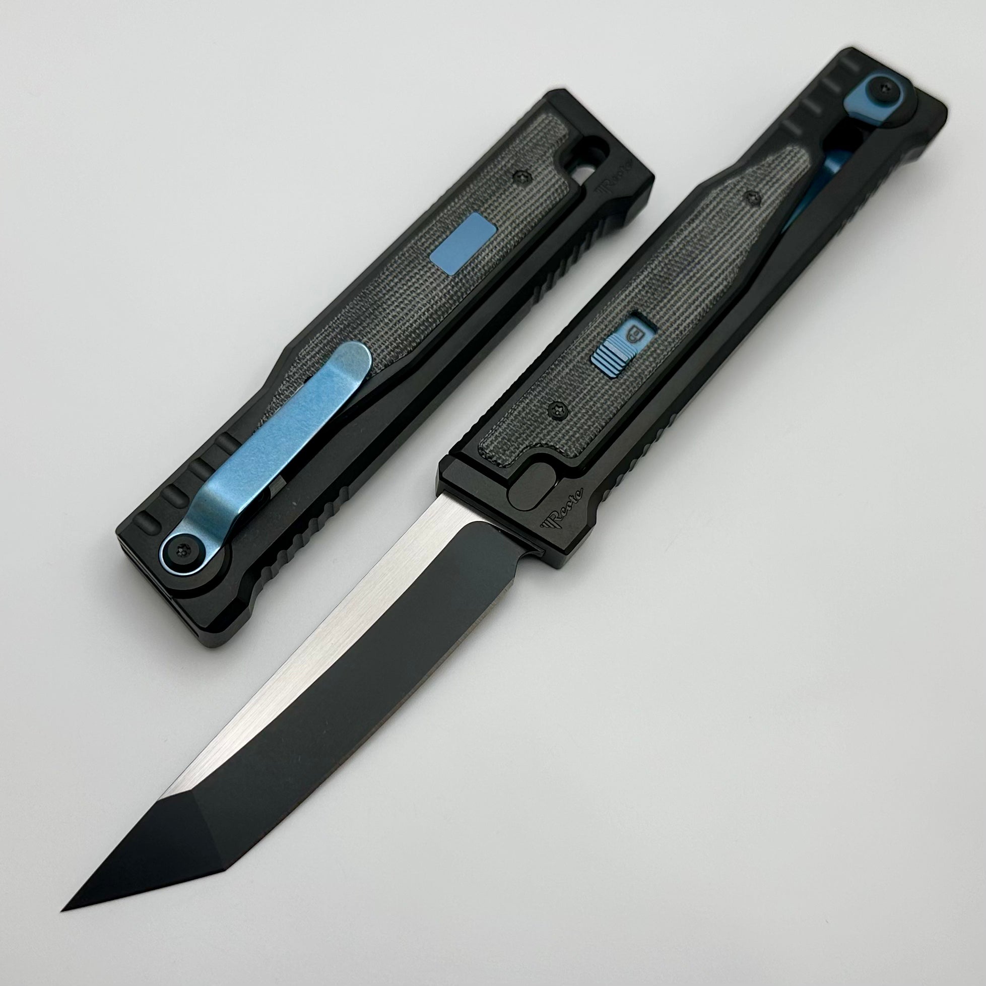 Reate EXO Exoskeleton Design V2 Black Micarta & Two Tone Black PVD Tanto w/ Blue Accents