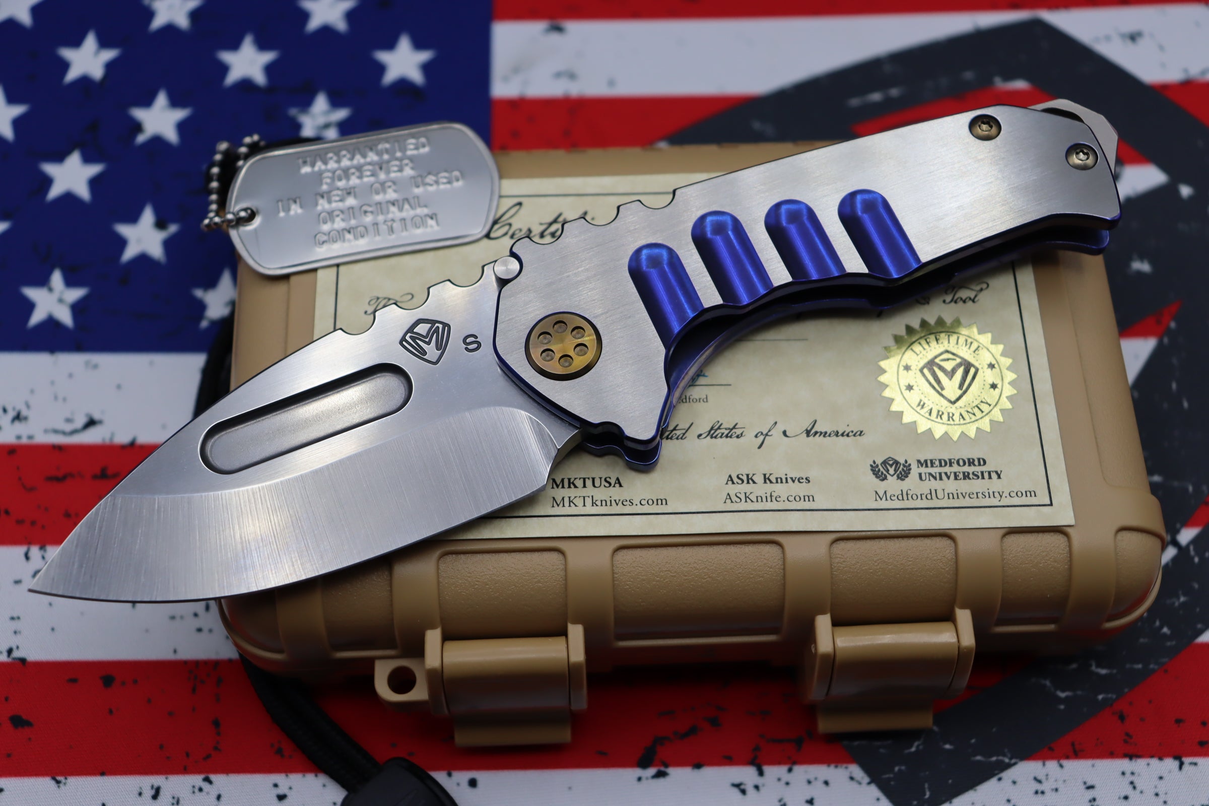 Medford Praetorian Genesis T Satin with Blue/Gold & Drop Point CPM-S35VN