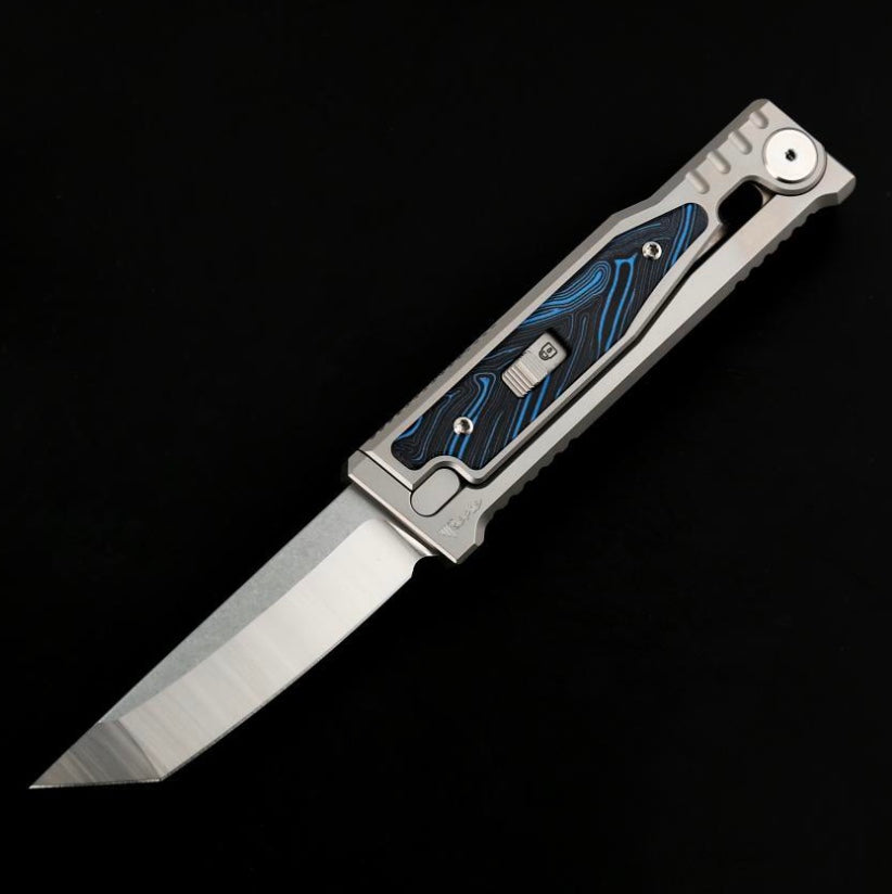 Reate EXO M Blue/Black Damascus Pattern G-10 & Satin/Stonewash Tanto