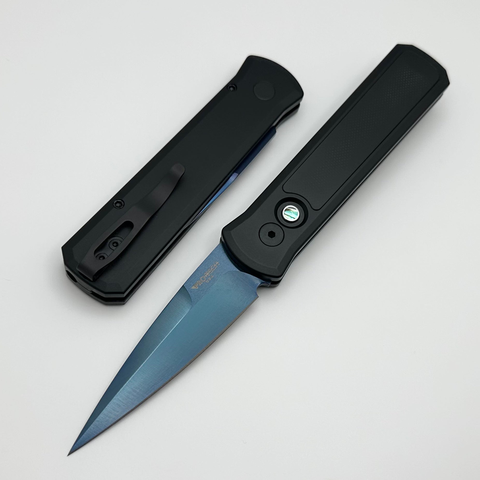 Pro-Tech Godson Black Handle w/ Abalone Button & G-10 Inlay w/ Sapphire Blue 154-CM Blade 755-SB