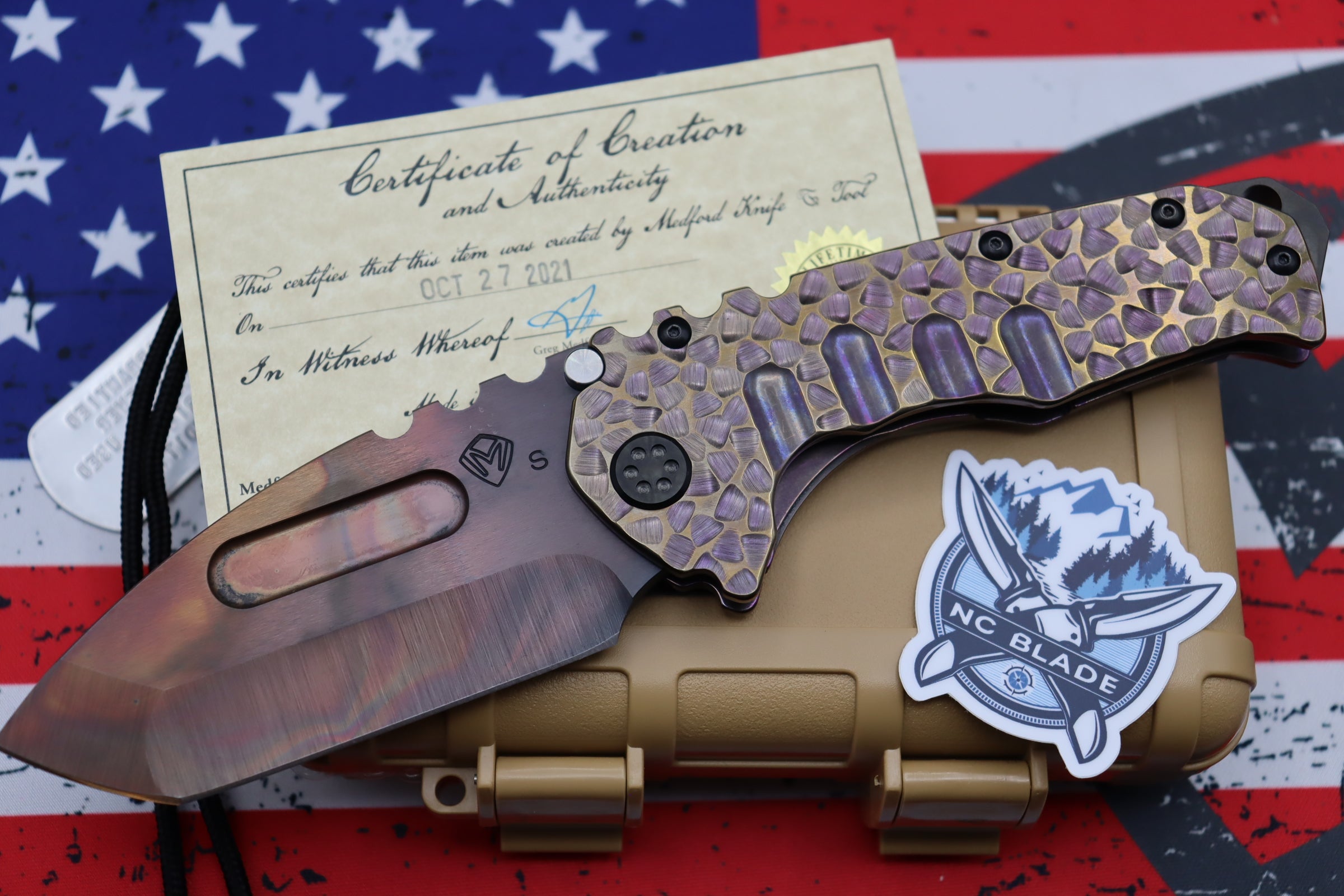 Medford Knife Praetorian T Peaks & Valleys Violet-Bronze Fade & Flamed Hardware with S35 Vulcan Tanto 106-186