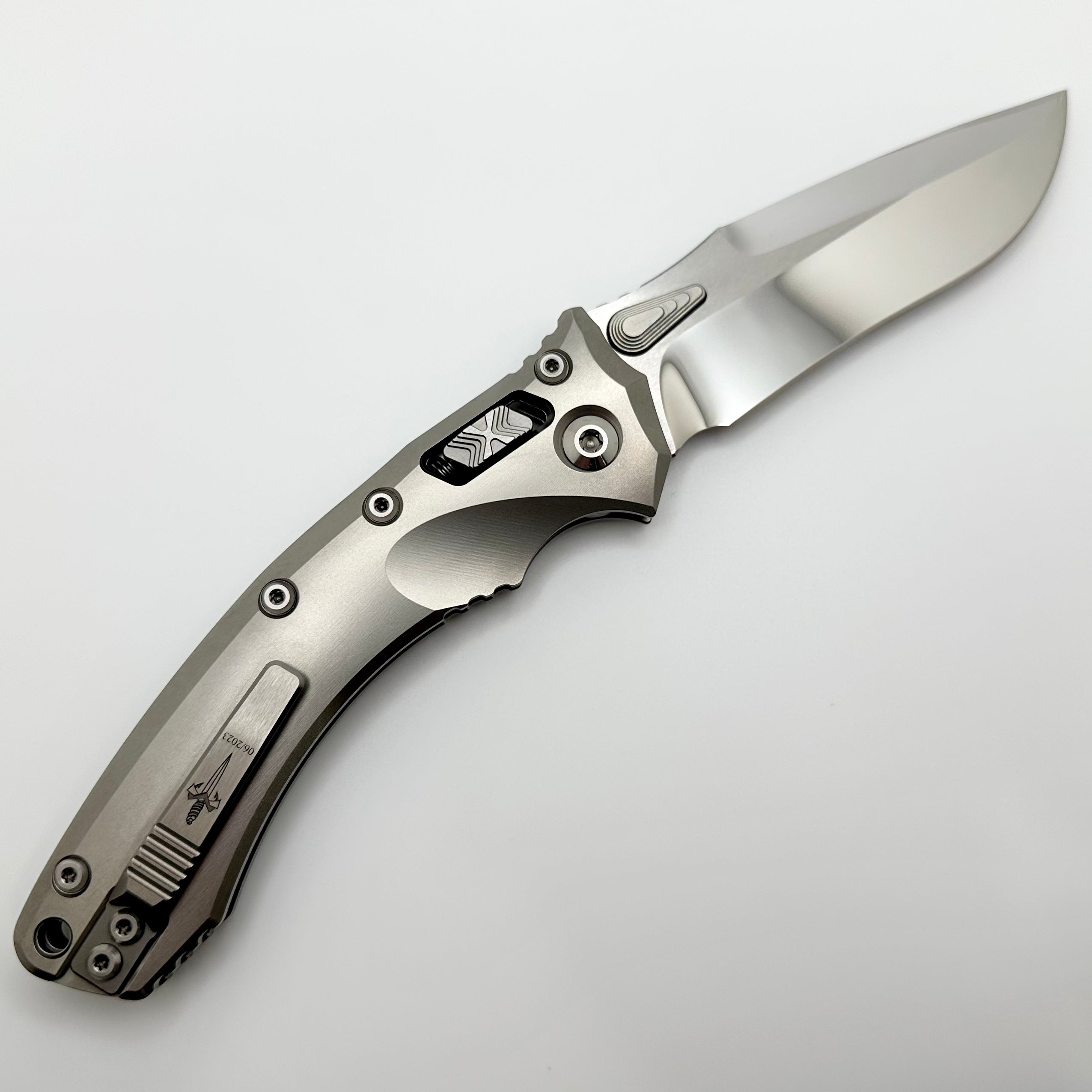 Marfione Custom Knives Amphibian RAM-LOK Mirror Polish M390 & Double Vapor Blast Titanium w/ Two Tone Hardware