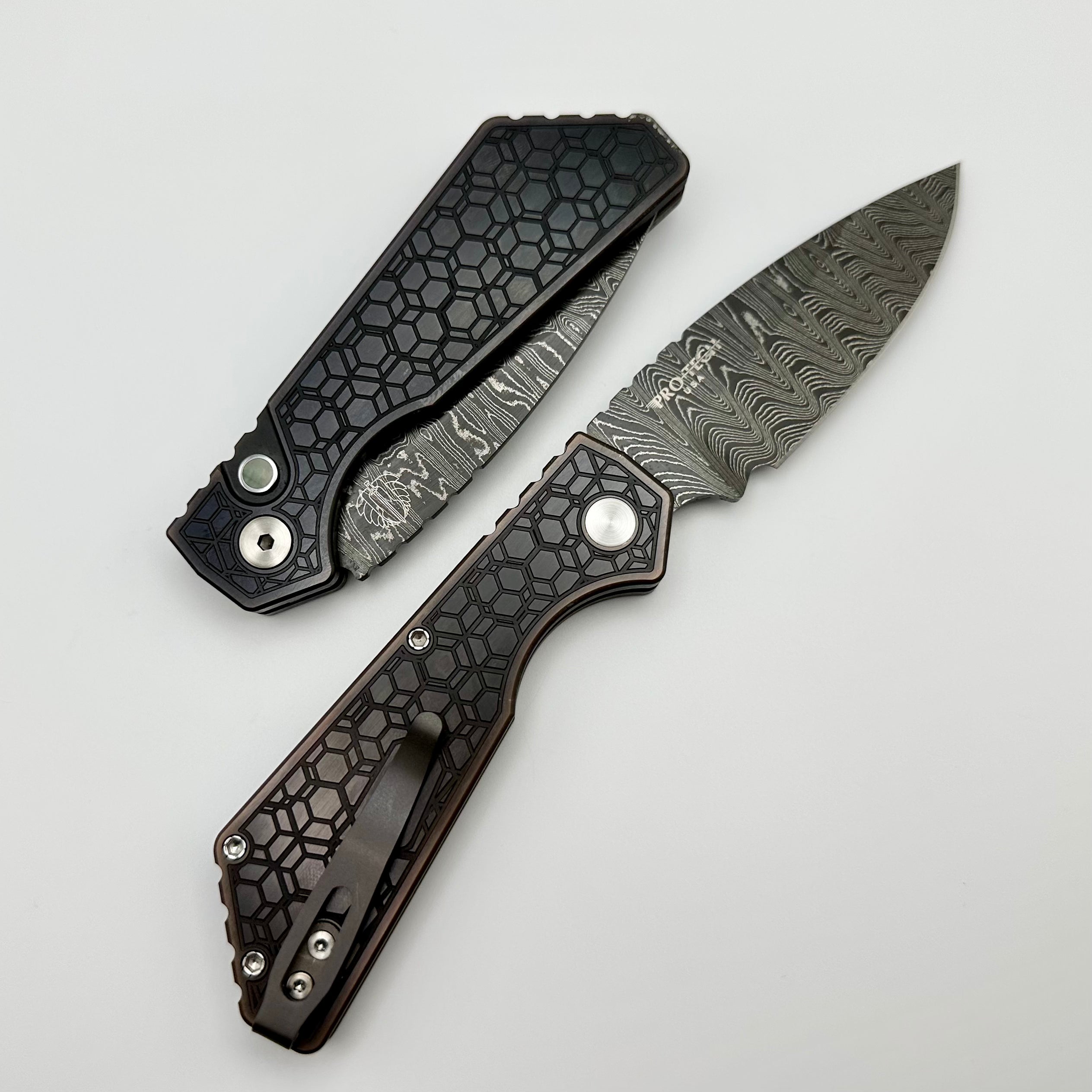 Pro-Tech PT Plus Antique PVD 17-4 Handle w/ Mother of Pearl Button & Nichols Damascus Blade 2023 Strider PT+ 007