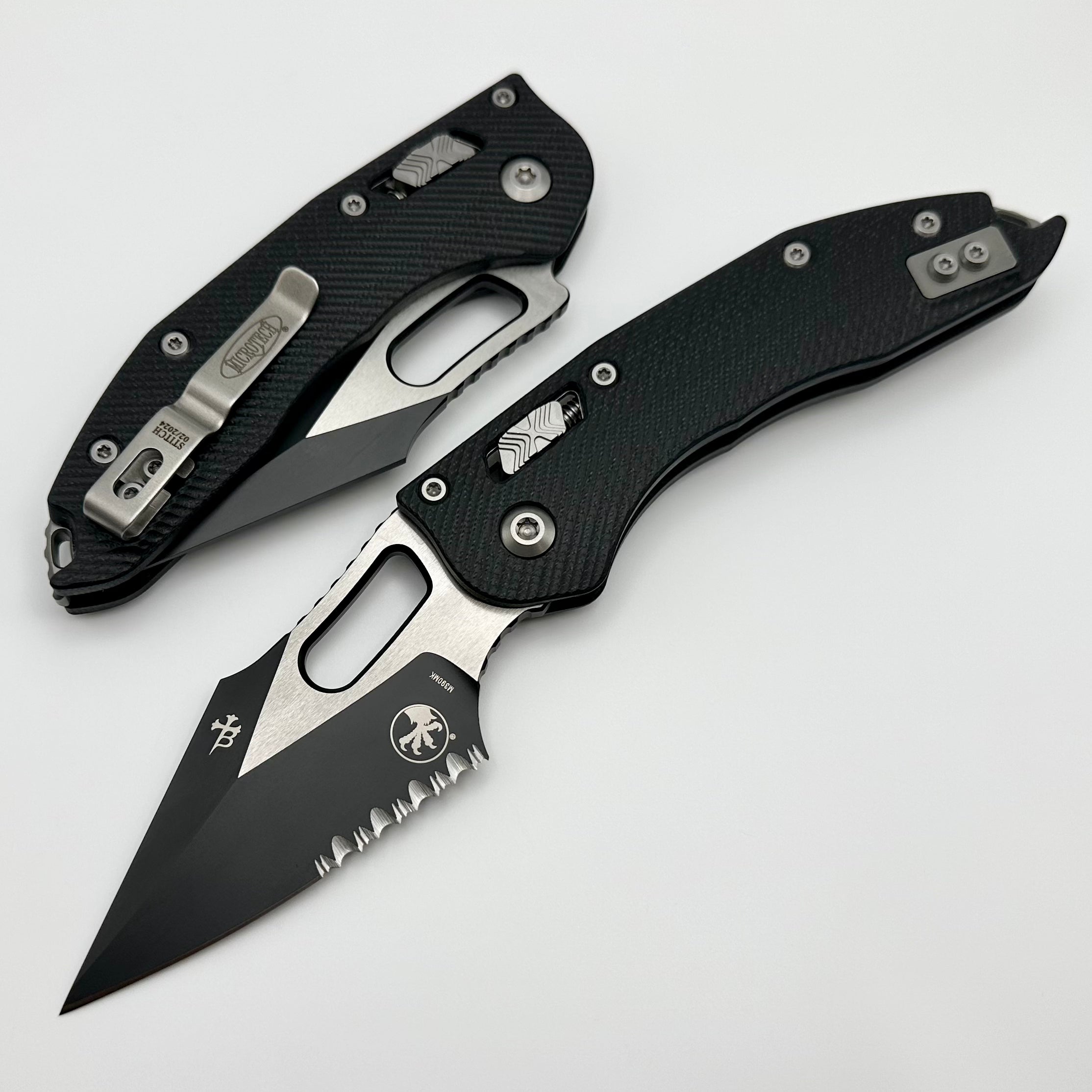 Microtech Knives Manual Stitch RAM LOK Fluted Black G-10 & Partial Serrated Two Tone Black M390MK 169RL-2FLGTBK