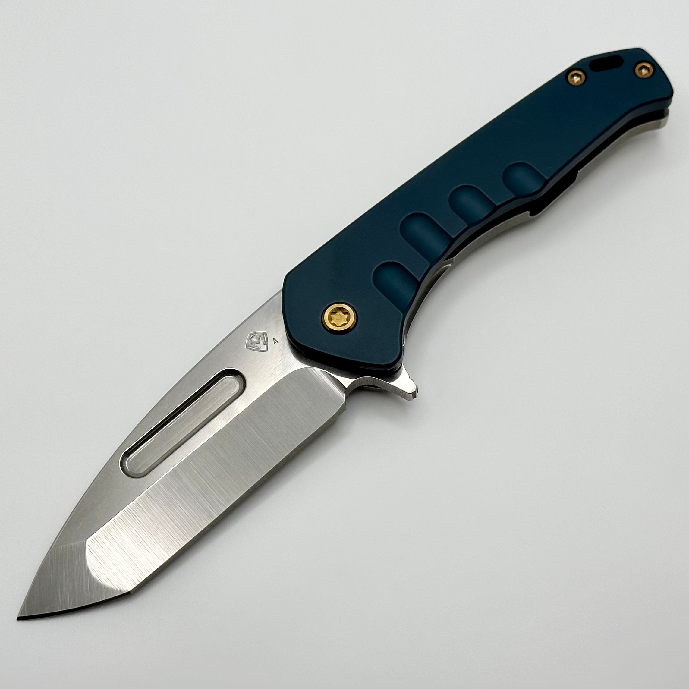 Medford Praetorian Swift FL Framelock w/ Tumbled Tanto S45VN & Blue Aluminum Handle w/ Tumbled Spring & Bronze Hardware/Clip