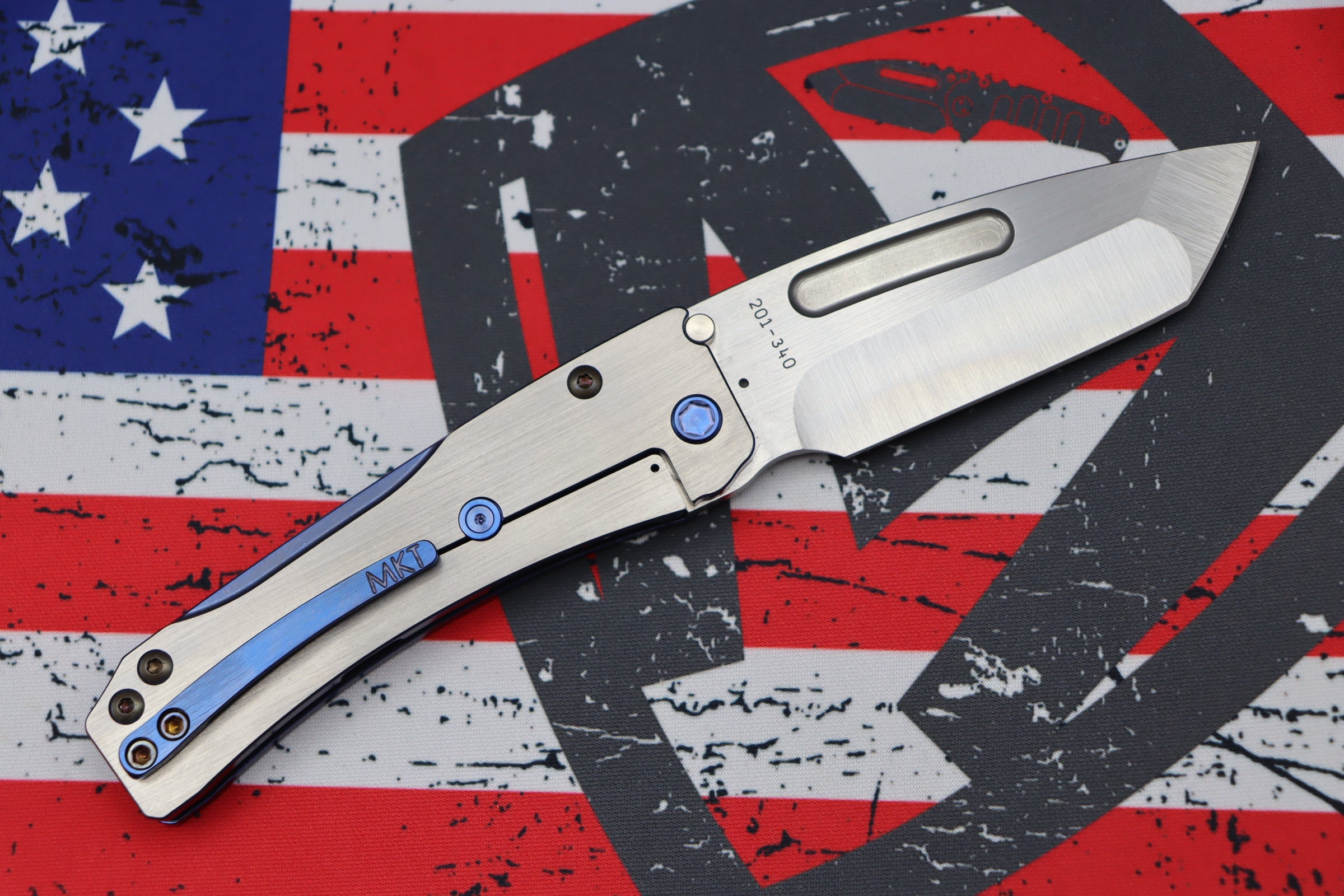 Medford Knife Slim Midi Tumbled Tanto S35 w/ Blue Faced/Silver Flats Handles & Blue Hardware/Clip