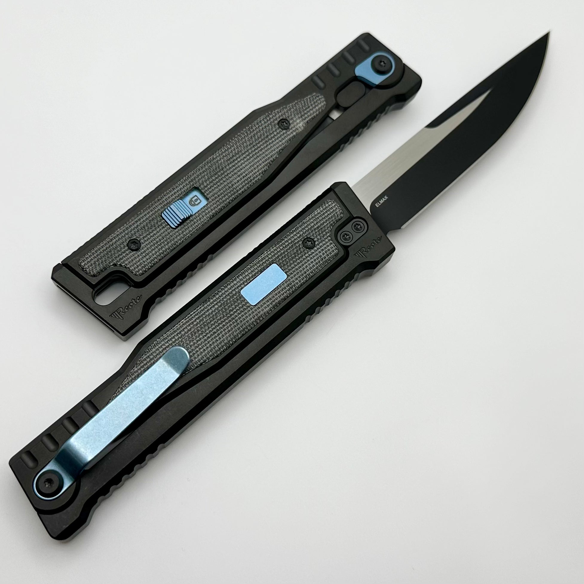 Reate EXO Exoskeleton Design V2 Black Micarta & Two Tone Black PVD Drop Point w/ Blue Accents