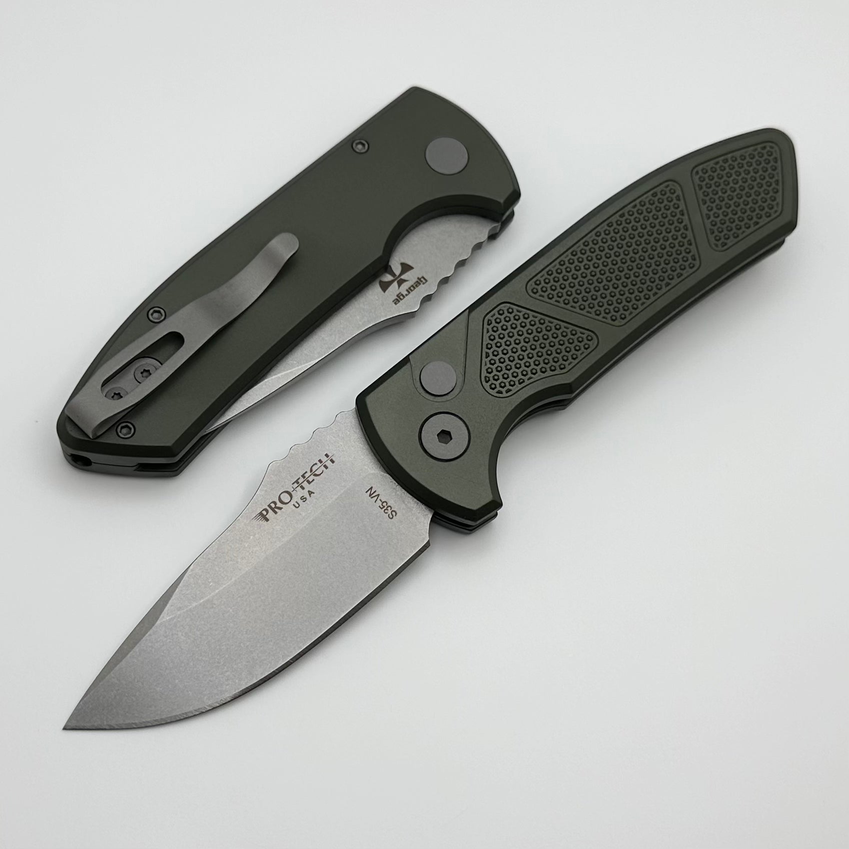 Pro-Tech SBR Short Bladed Rockeye Green Knurled Aluminum Handle & Stonewash S35 Blade LG405-Green