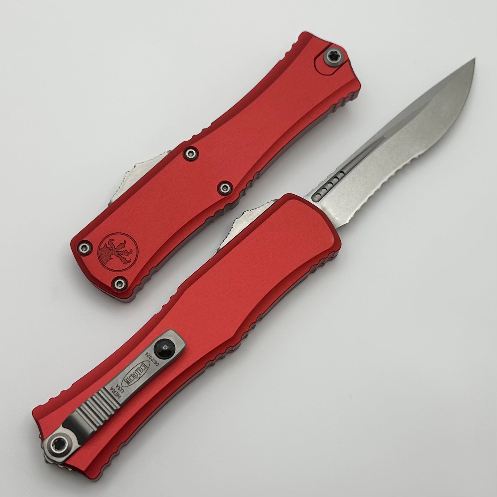 Microtech Knives Hera II Mini Stonewash Partial Serrated Recurve M390MK w/ Red Handle 1705M-11RD