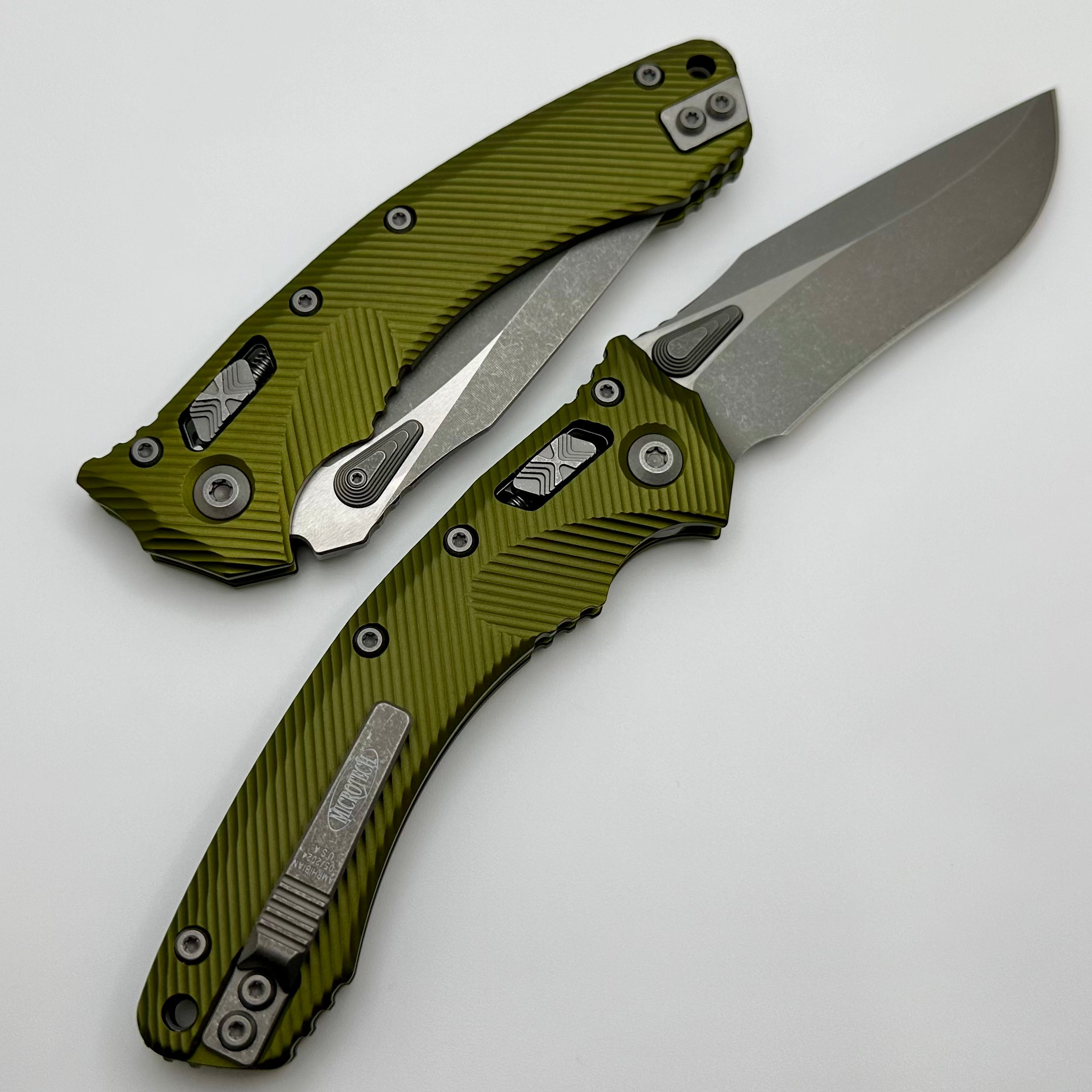 Microtech Amphibian RAM LOK OD Green Fluted Aluminum & Appcalyptic M390MK 137RL-10APFLOD