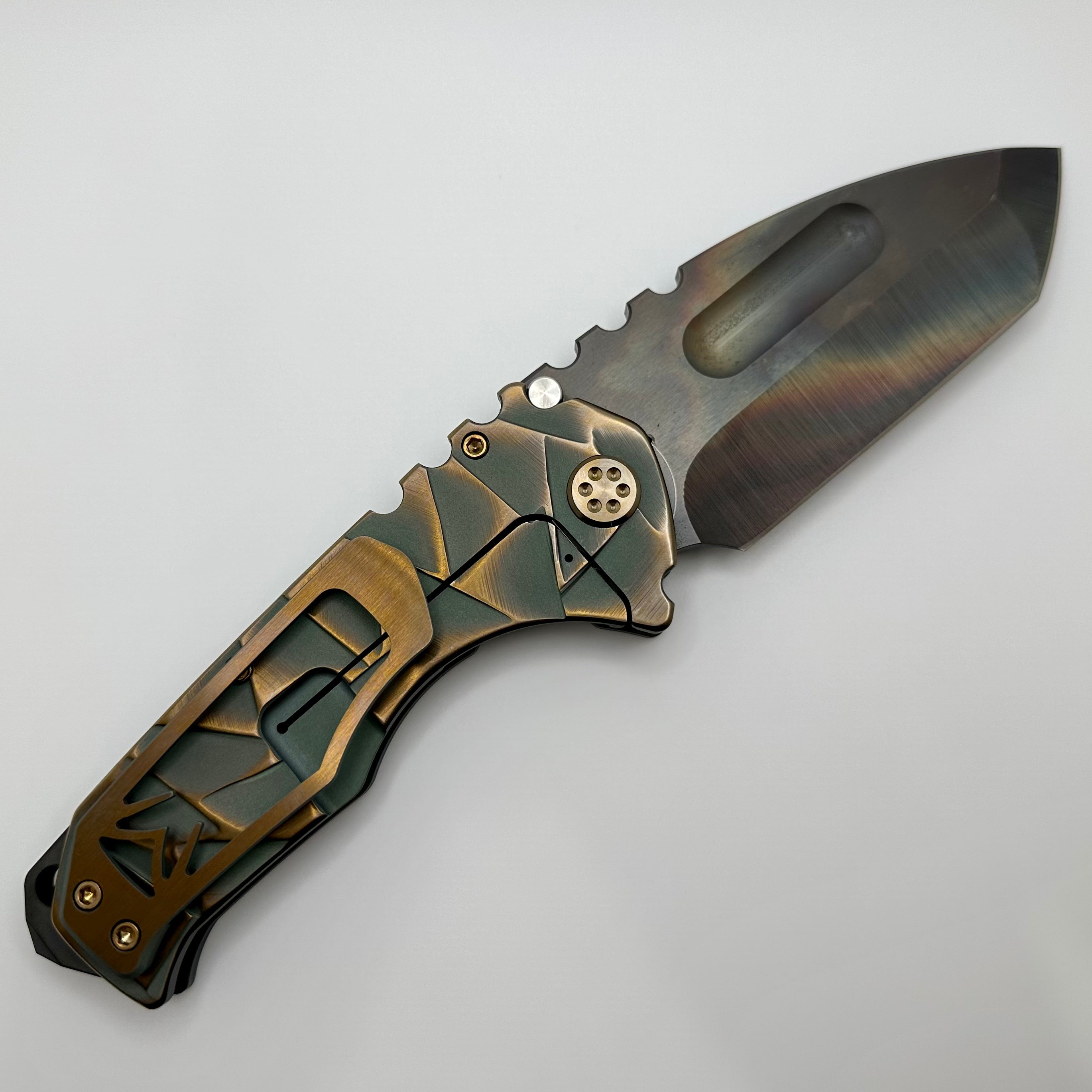 Medford Knife Praetorian TI S35 Vulcan Tanto & Bead Blast/Cement Brushed/Bronze Stained Glass Sculpting w/ Bronze Hardware/Clip