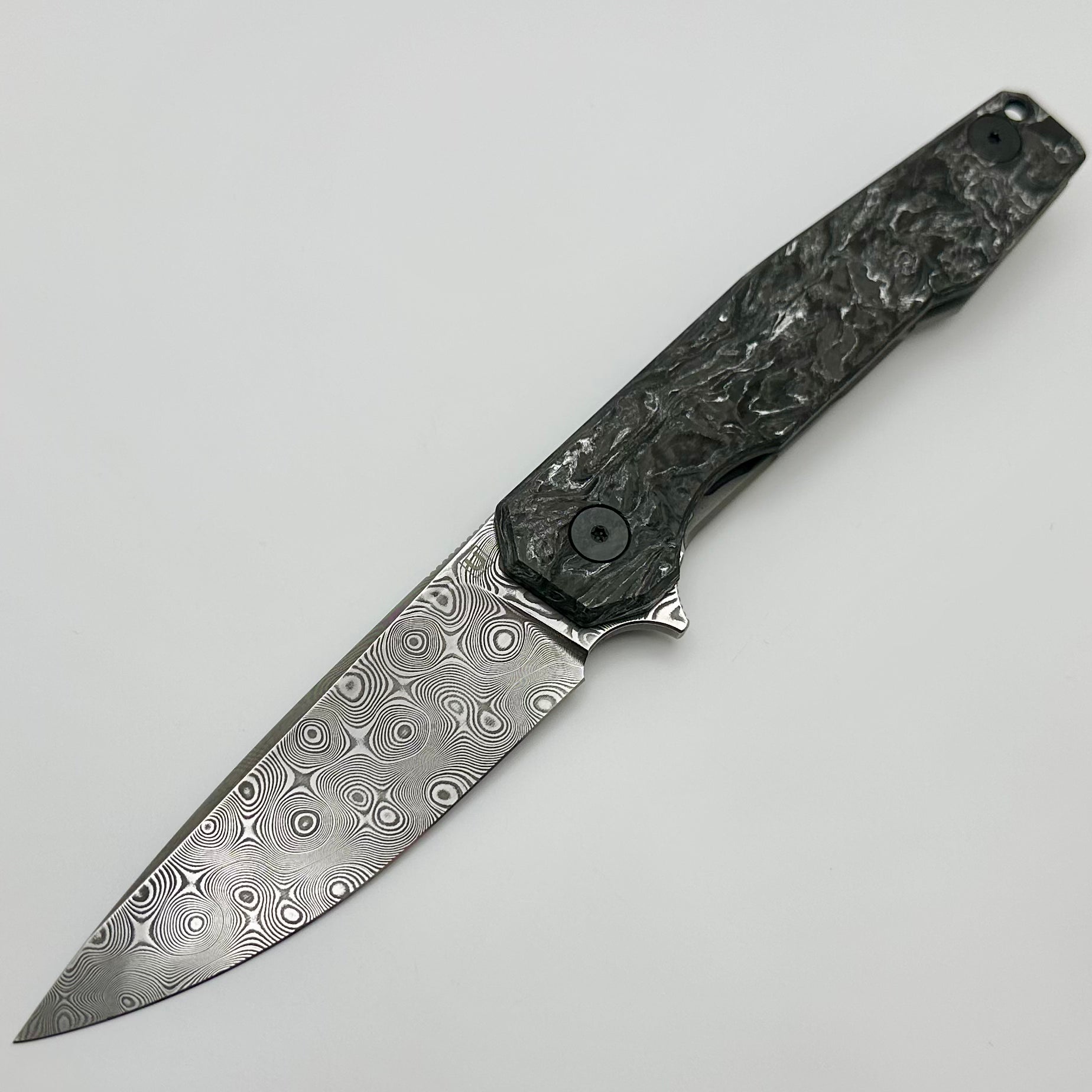 Uldanov Custom Knives R1 w/ Milled Titanium/Polar Dark Matter Carbon Fiber & Damascus Flipper #71