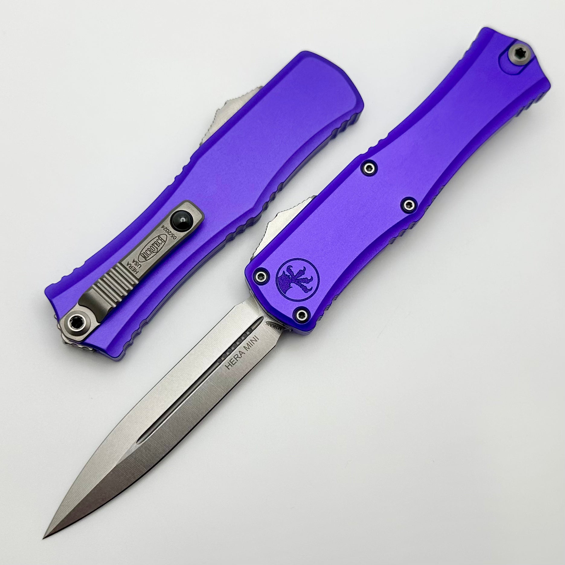 Microtech Knives Mini Hera Stonewash Double Edge M390MK w/ Purple Handle 1702M-10PU