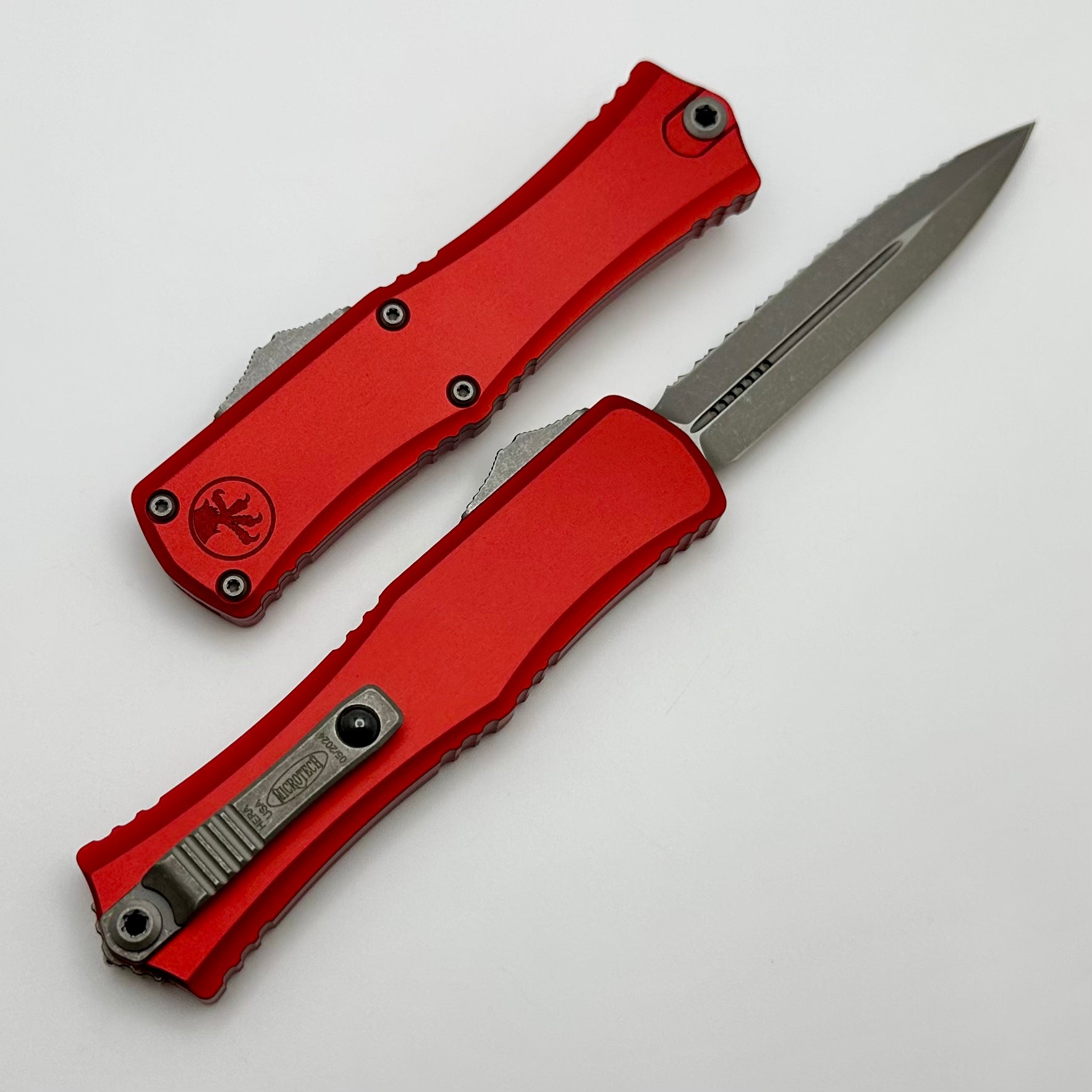 Microtech Knives Mini Hera Apocalyptic Full Serrated Double Edge M390MK w/ Red Handle 1702M-12APRD