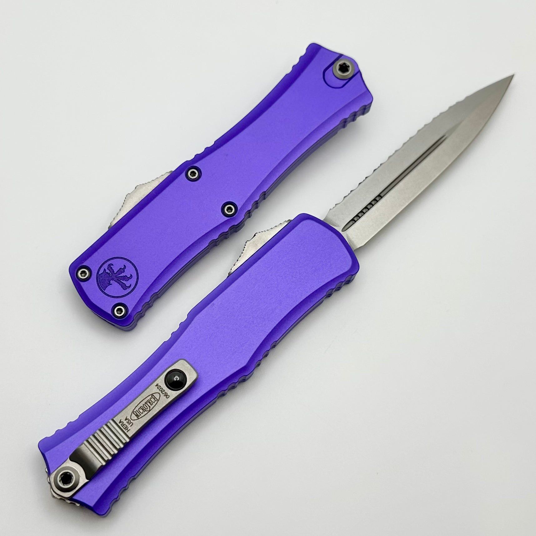 Microtech Knives Mini Hera Stonewash D/E Full Serrated M390MK w/ Purple Handle 1702M-12PU