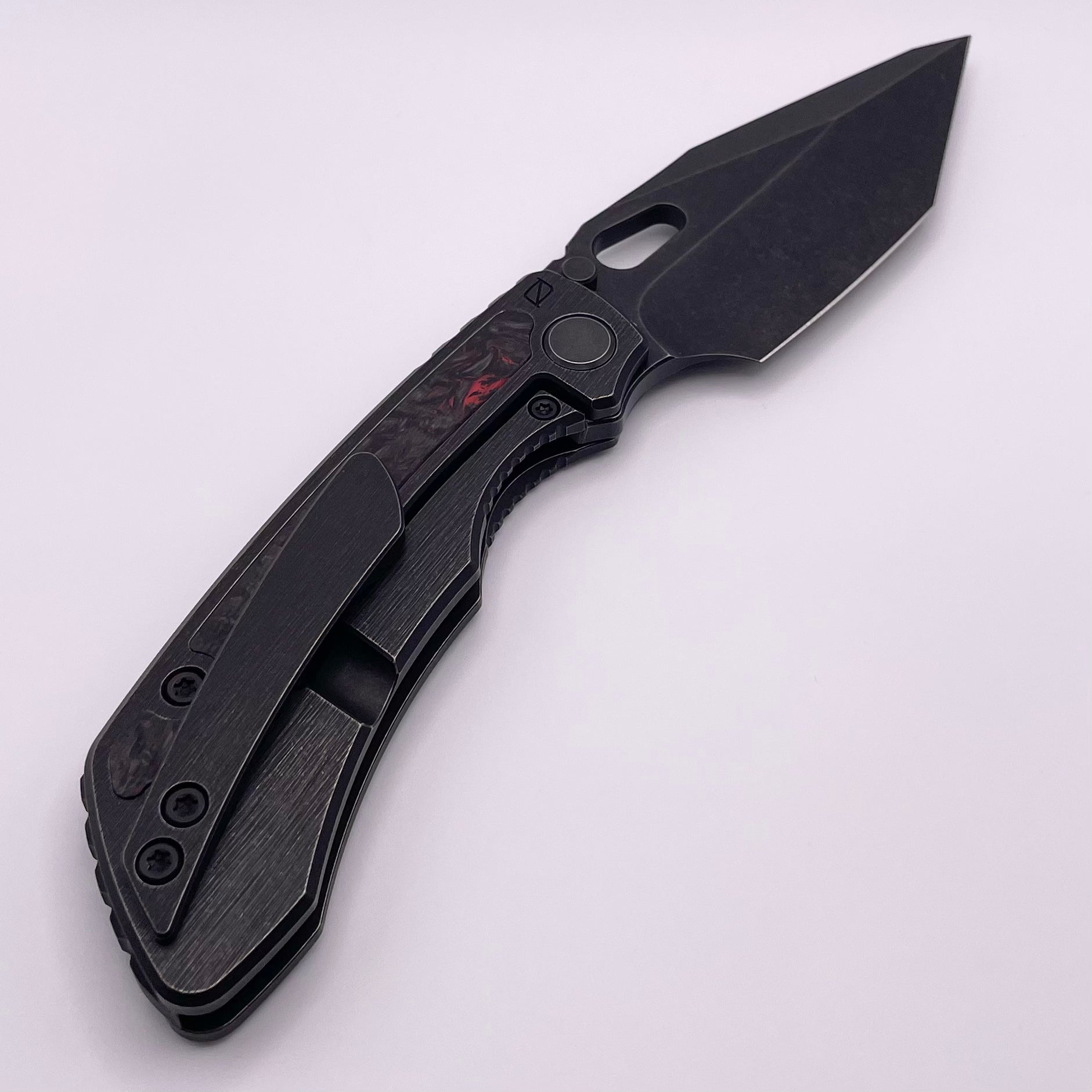 PRE OWNED Custom Knife Factory Rotten Design Evo T Carbon Fiber Inlaid Blackwash Handles w/ Blackwash S90V