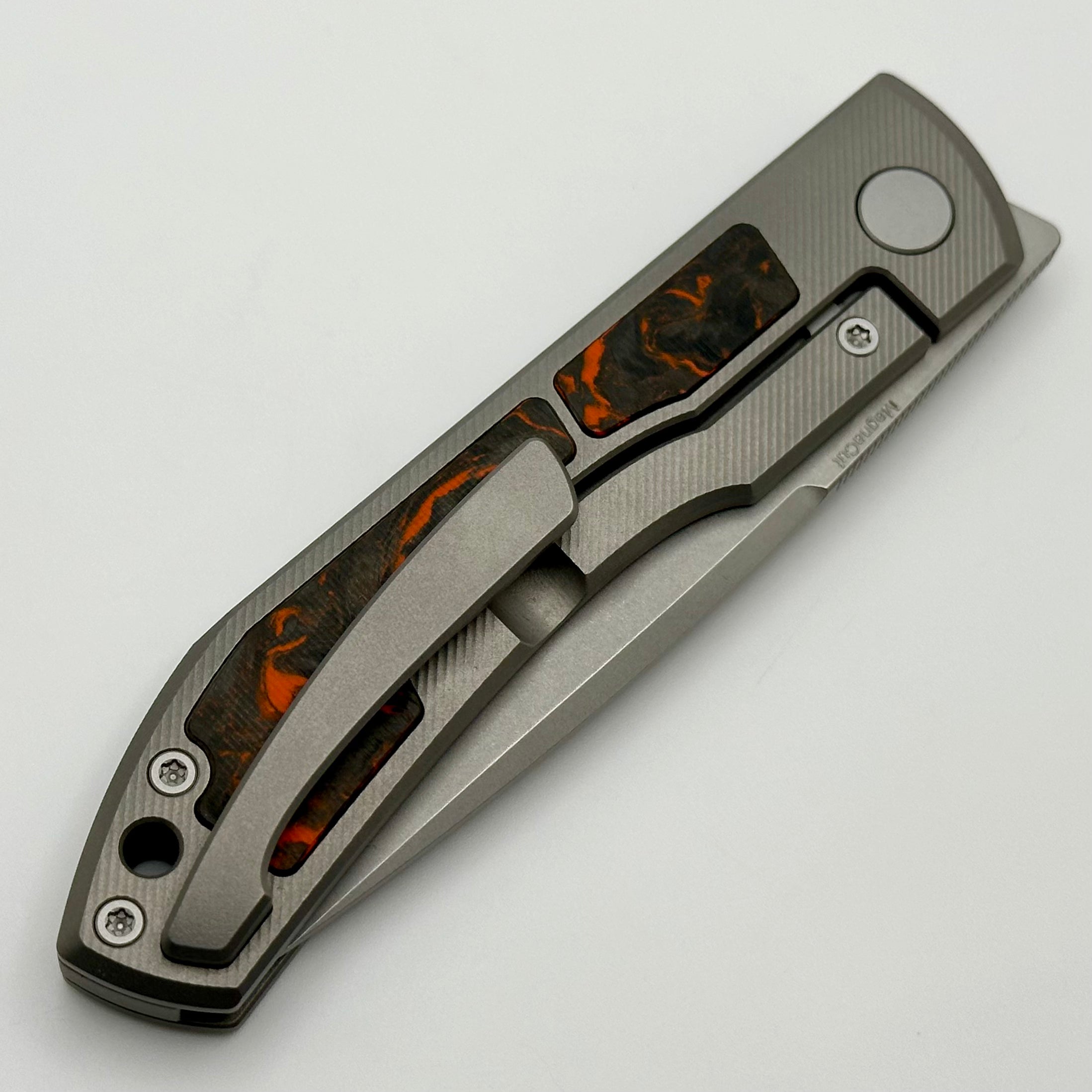 Uldanov Custom Knives Sierra w/ Milled Titanium/Orange Dark Matter Carbon Fiber Inlays & MagnaCut Front Flipper #73