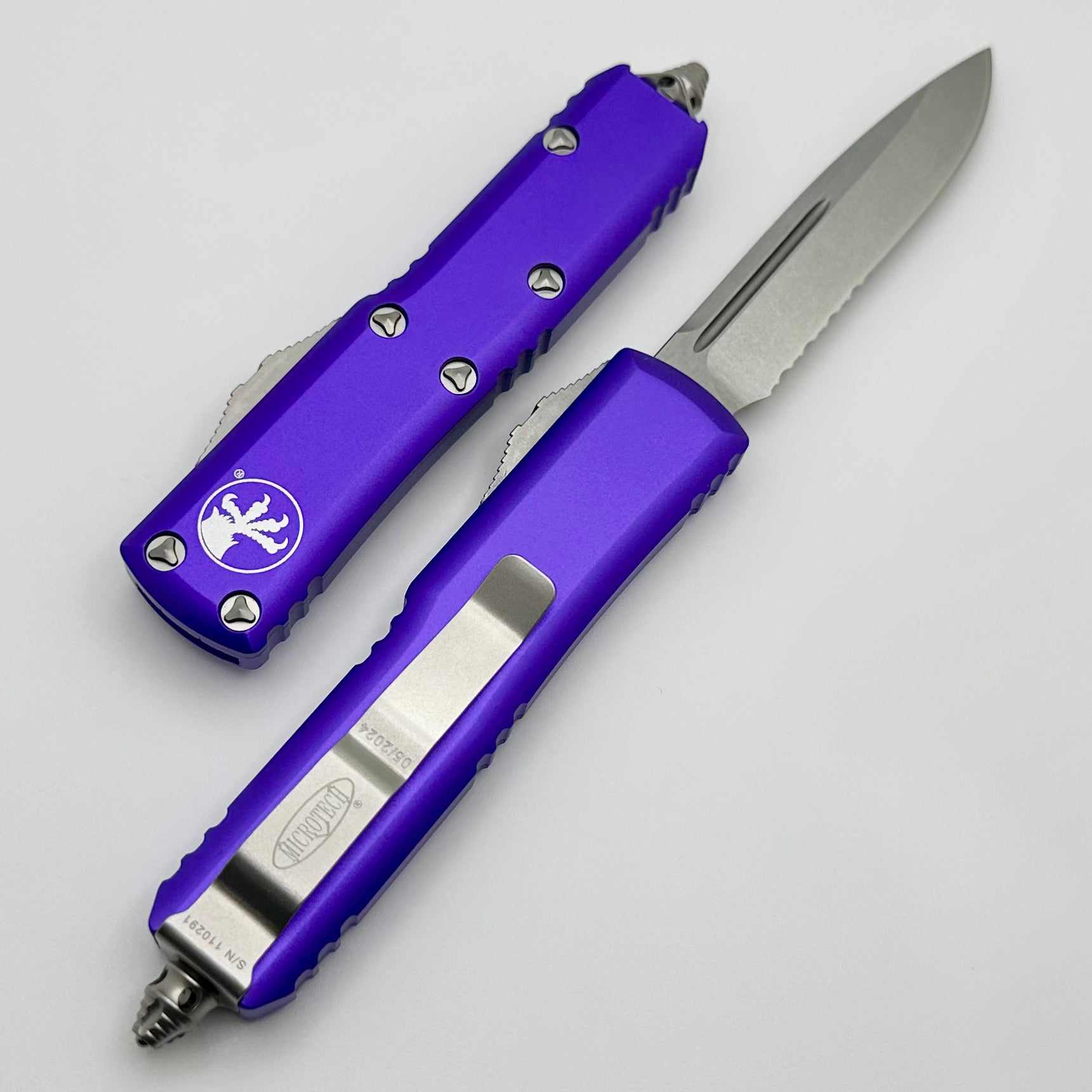 Microtech UTX-85 Single Edge Partial Serrated Stonewash & Purple 231-11PU