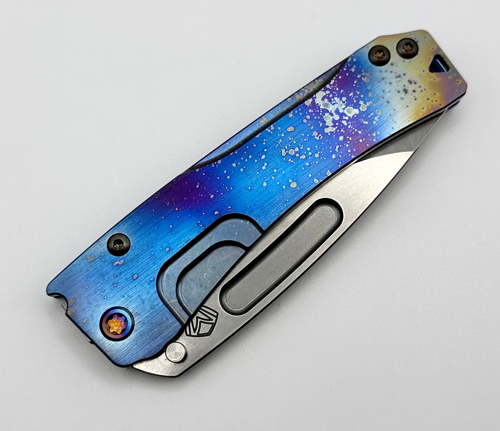 Medford Knife Slim Midi S45 Tumbled Drop Point w/ Blue Solar Flare Flamed Handles & Flamed Hardware/Clip