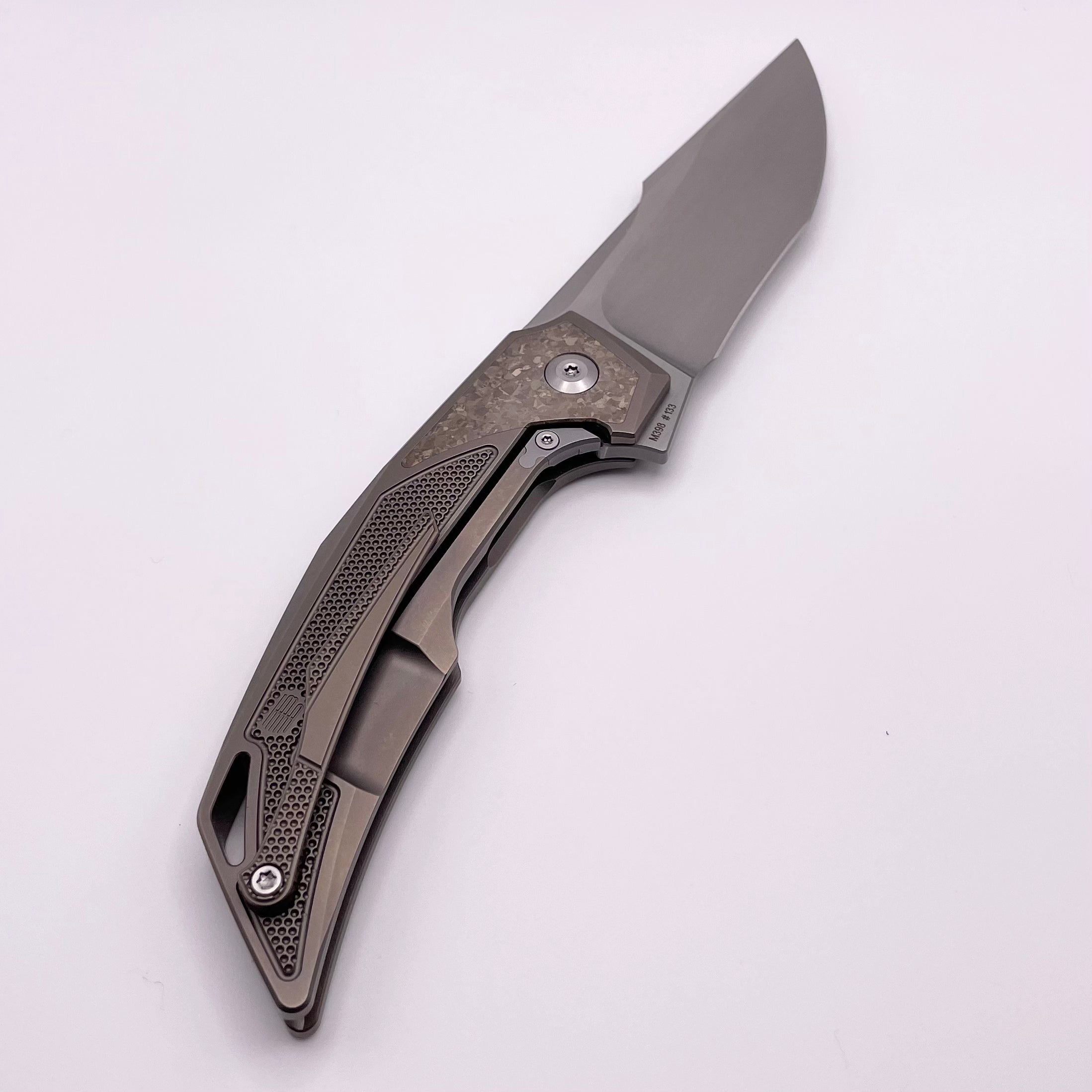 PRE OWNED Custom Knife Factory Justice Bronze w/ CrystalTi & Hand Satin M398