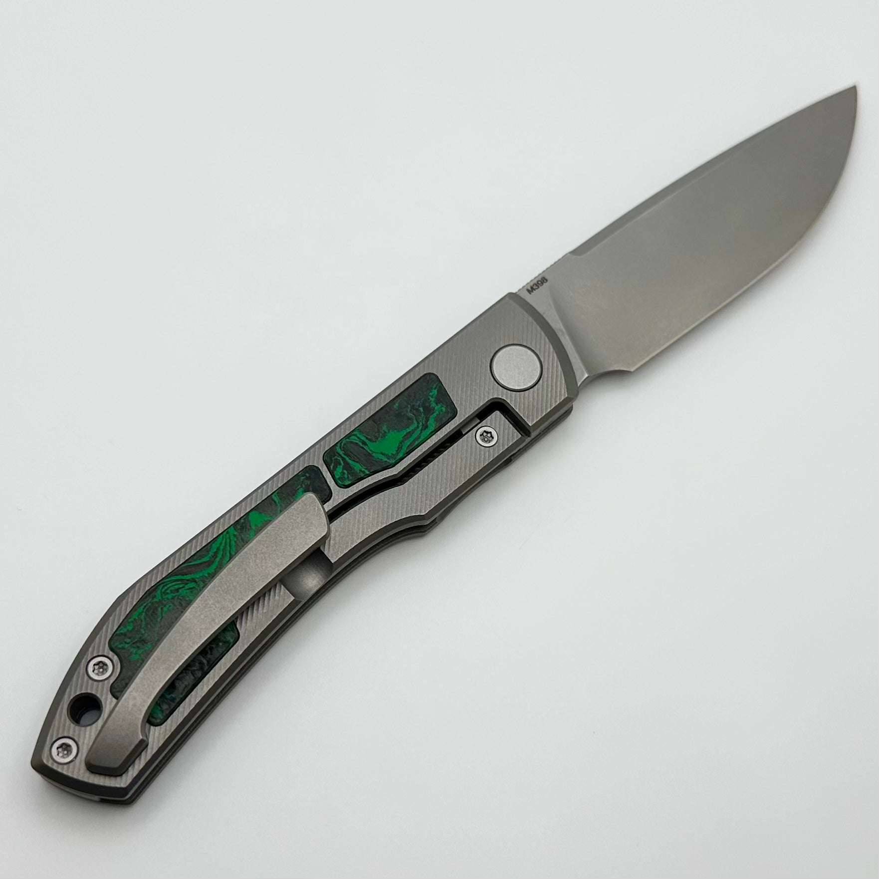 Uldanov Custom Knives Sierra w/ Milled Titanium/Green Dark Matter Carbon Fiber Inlays & M398 Front Flipper #67