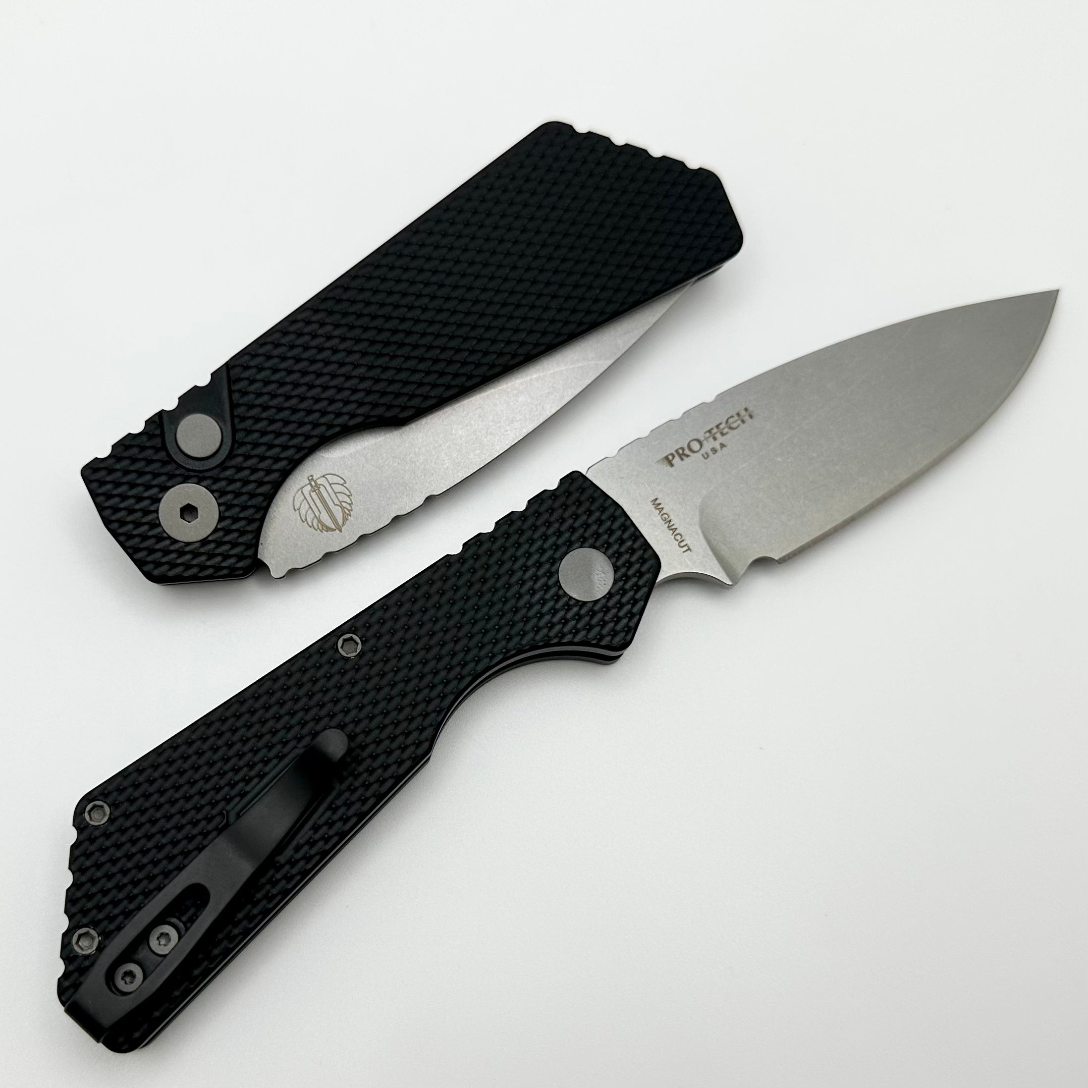 Pro-Tech PT Plus Black Textured Aluminum Handle w/ Blasted Hardware - Black Clip & Stonewash MagnaCut Blade PT205