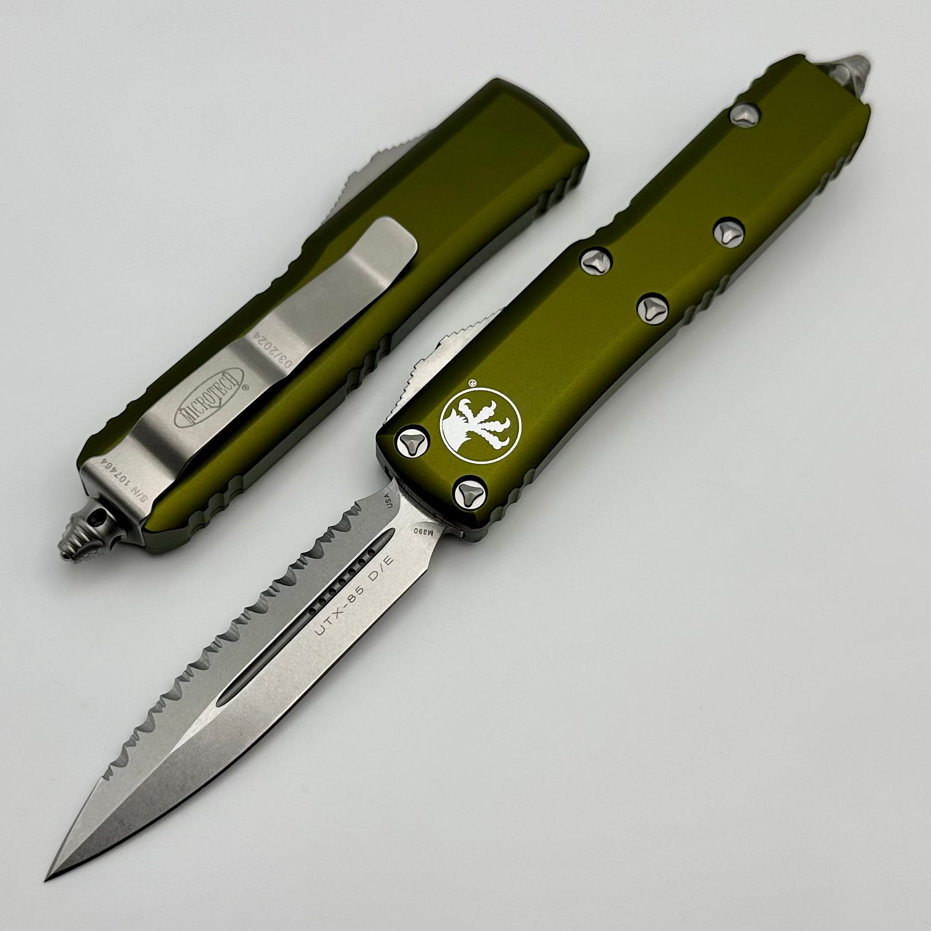 Microtech UTX-85 Double Edge Stonewash Full Serrated & OD Green 232-12OD