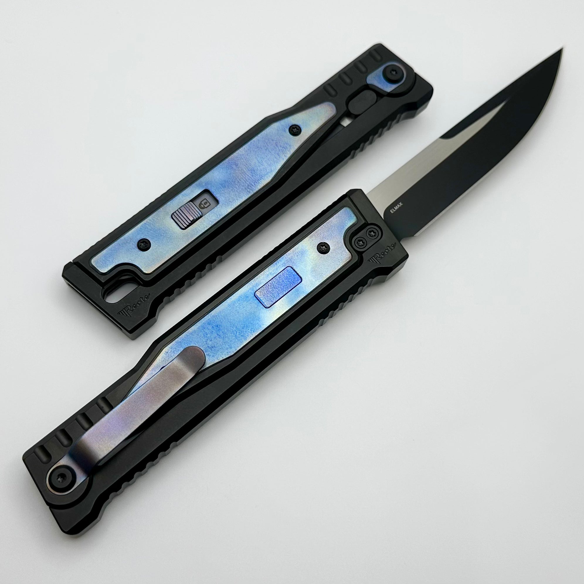 Reate EXO Exoskeleton Design V2 Flamed Titanium & Two Tone Black PVD Drop Point w/ Blue Accents