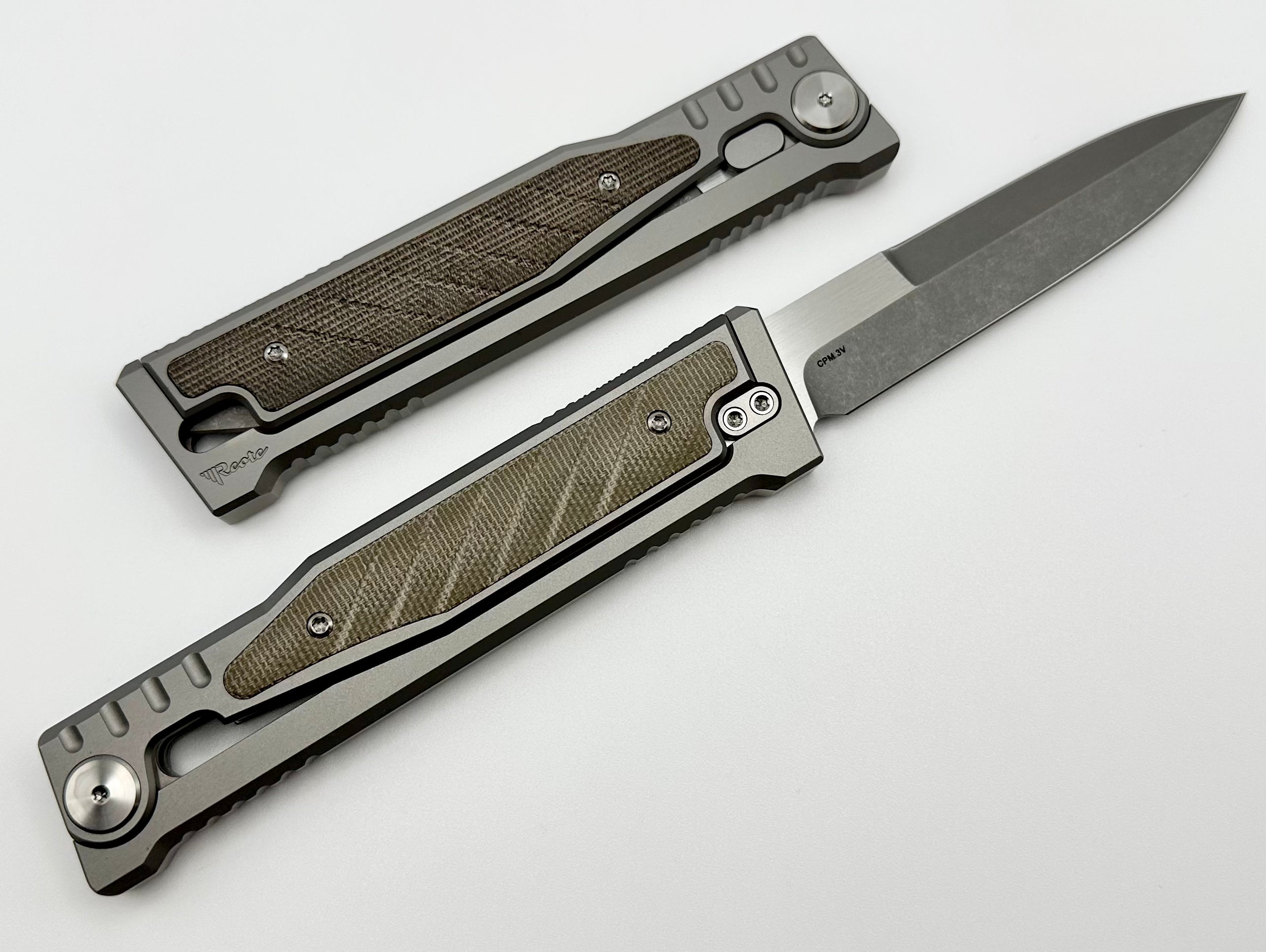 Reate EXO Exoskeleton Design Titanium/Green Micarta & CPM-3V Double Edge