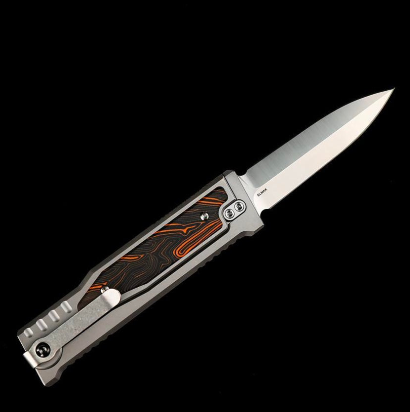 Reate EXO M Orange/Black Damascus Pattern G-10 & Satin/Stonewash Double Edge