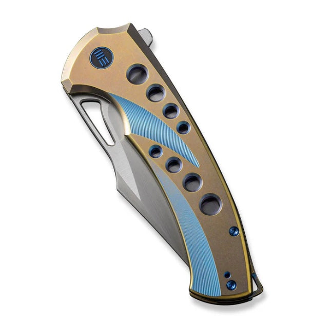 We Knife Swiftfin Golden/Blue Titanium Handles w/ Blue Holes & Hand Satin 20CV WE23051-4