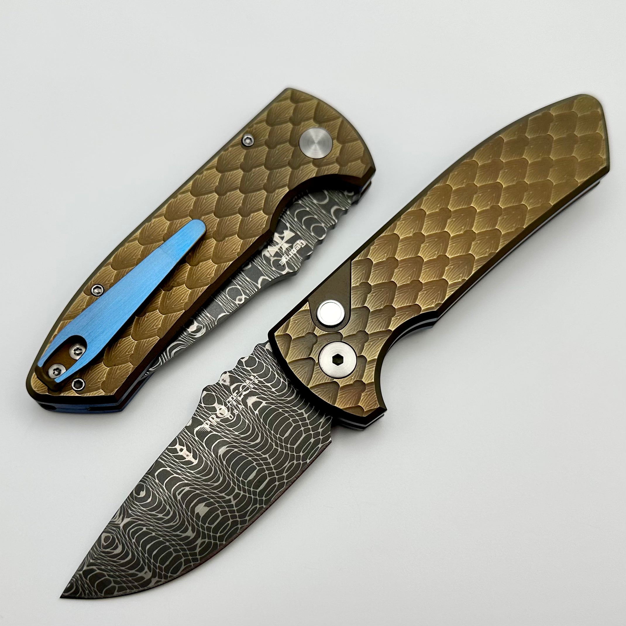 Pro-Tech SBR Short Bladed Rockeye Bronze/Blue Double Feather Texture Titanium Handle & Pearl Button w/ Vegas Forge Spirograph Damascus 2023.SBR.005