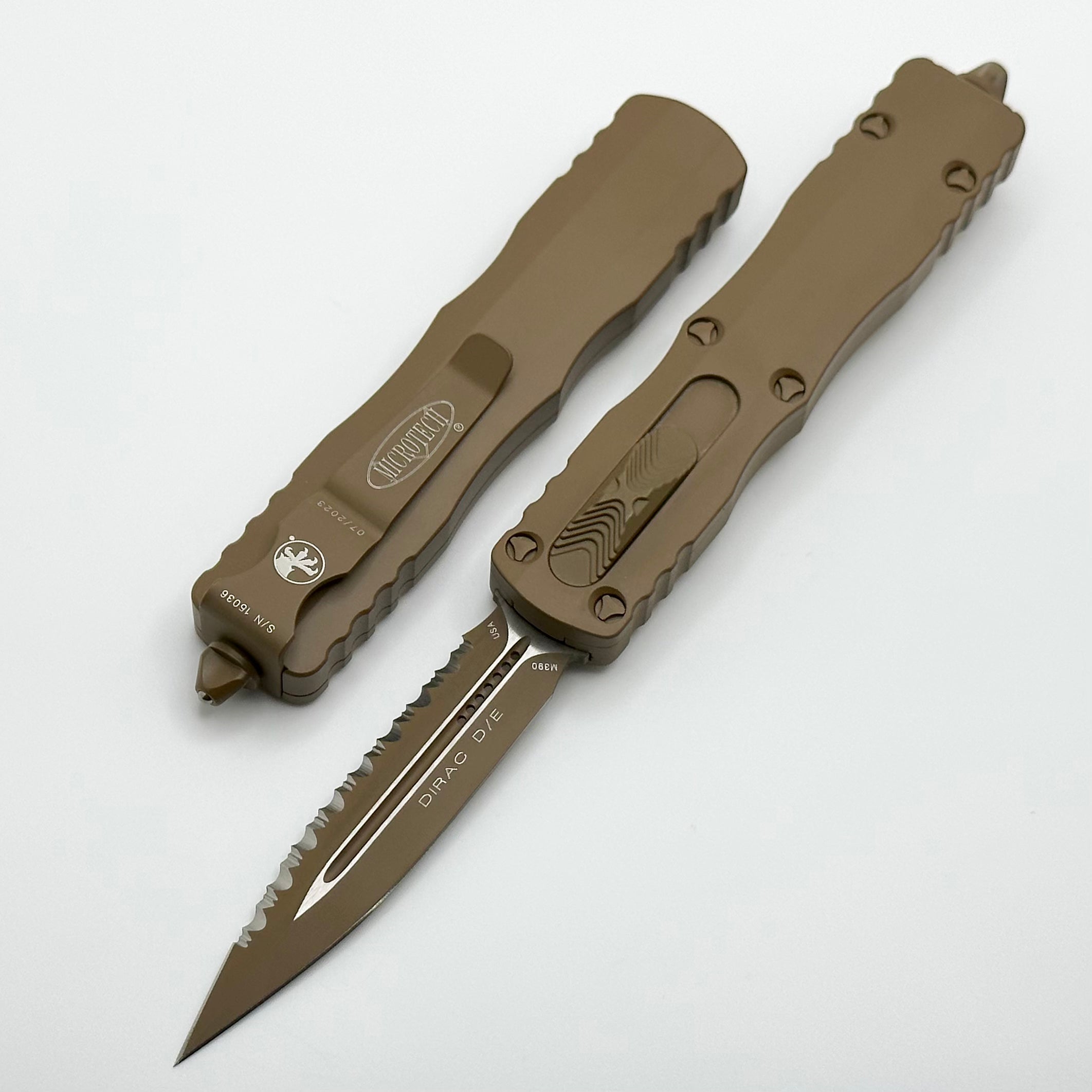 Microtech Dirac Cerakote Tan Double Edge Full Serrated 225-3CTA