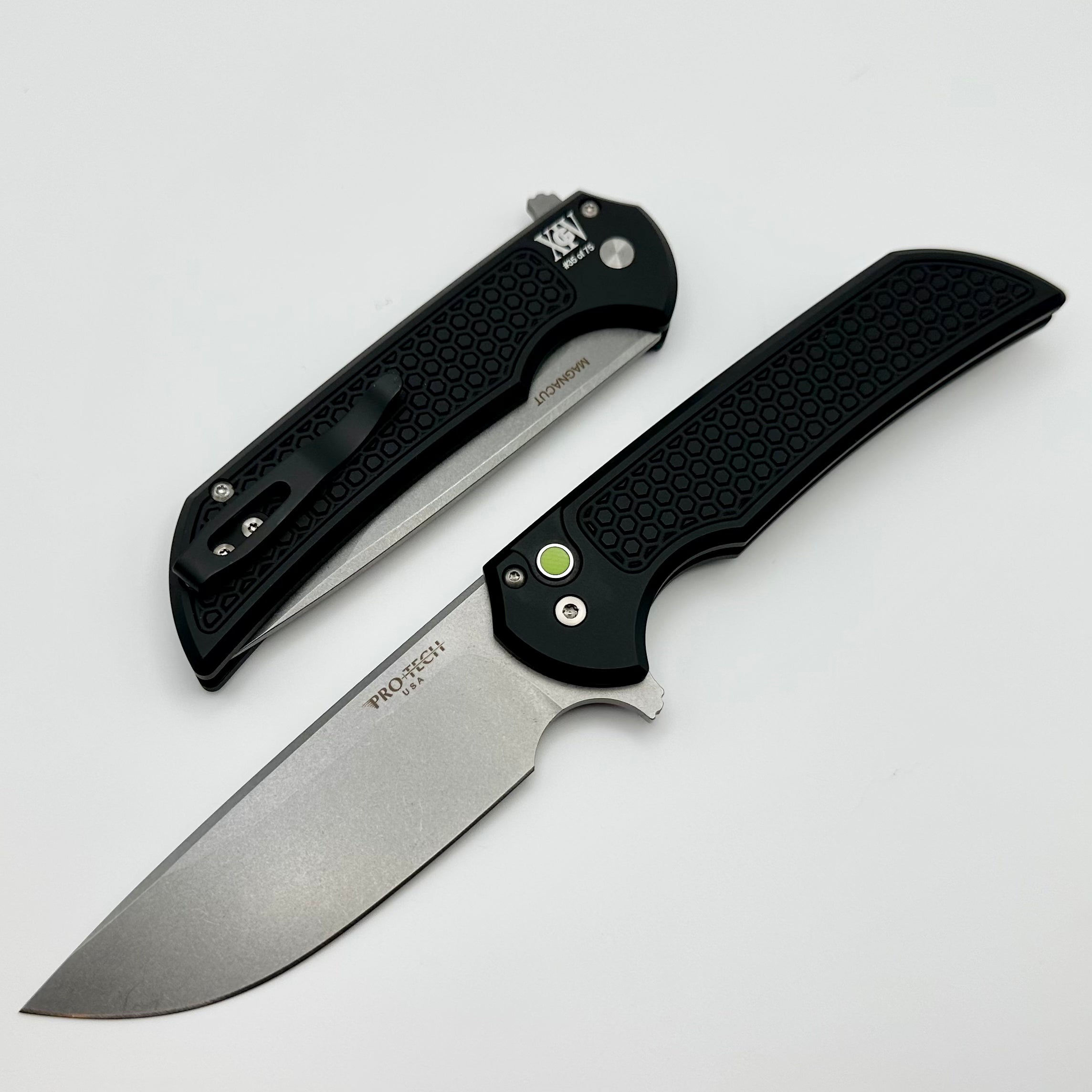 Pro-Tech Mordax Honeycomb Textured Black w/ Geeen G10 Button & Stonewash MagnaCut 2023 USN ONE PER PERSON