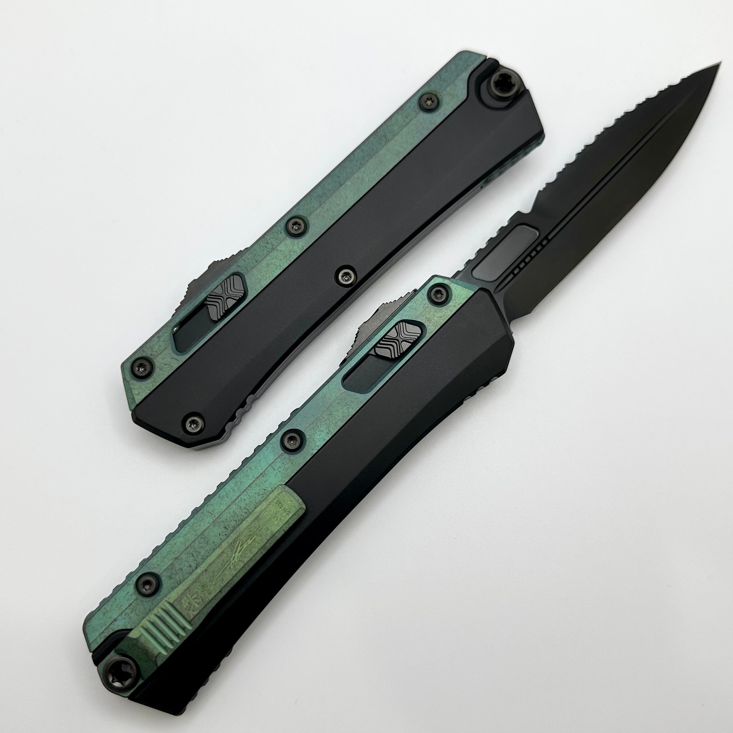 Microtech Glykon DLC Bayonet Part Serrated w/ Antique Green Anodized Accents Signature Series 184-2DLCAG