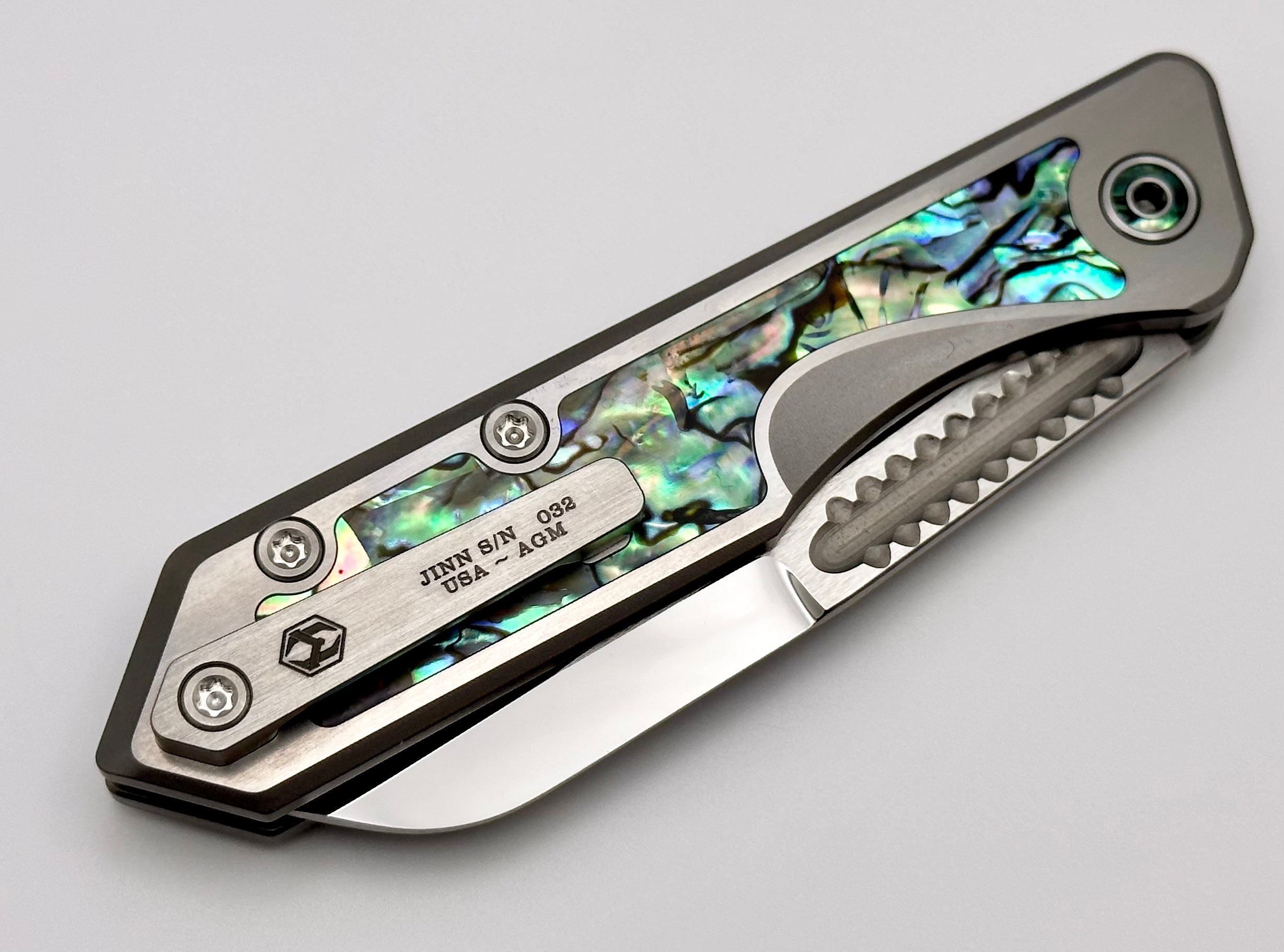 Heretic Knives Jinn Custom Titanium w/ Abalone Inset & Hand Ground Mirror Polished Elmax