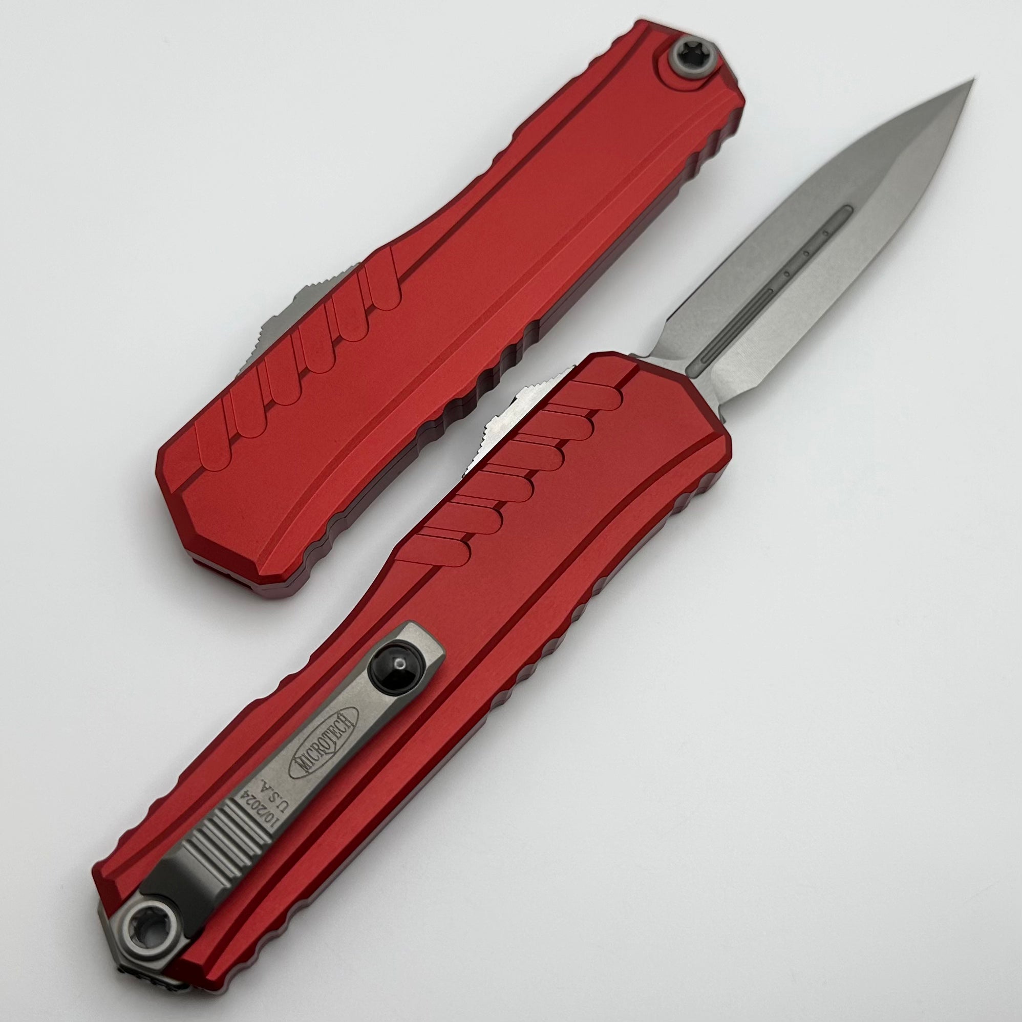 Microtech Cypher II D/E Stonewash w/ Red Handle 1242-10RD