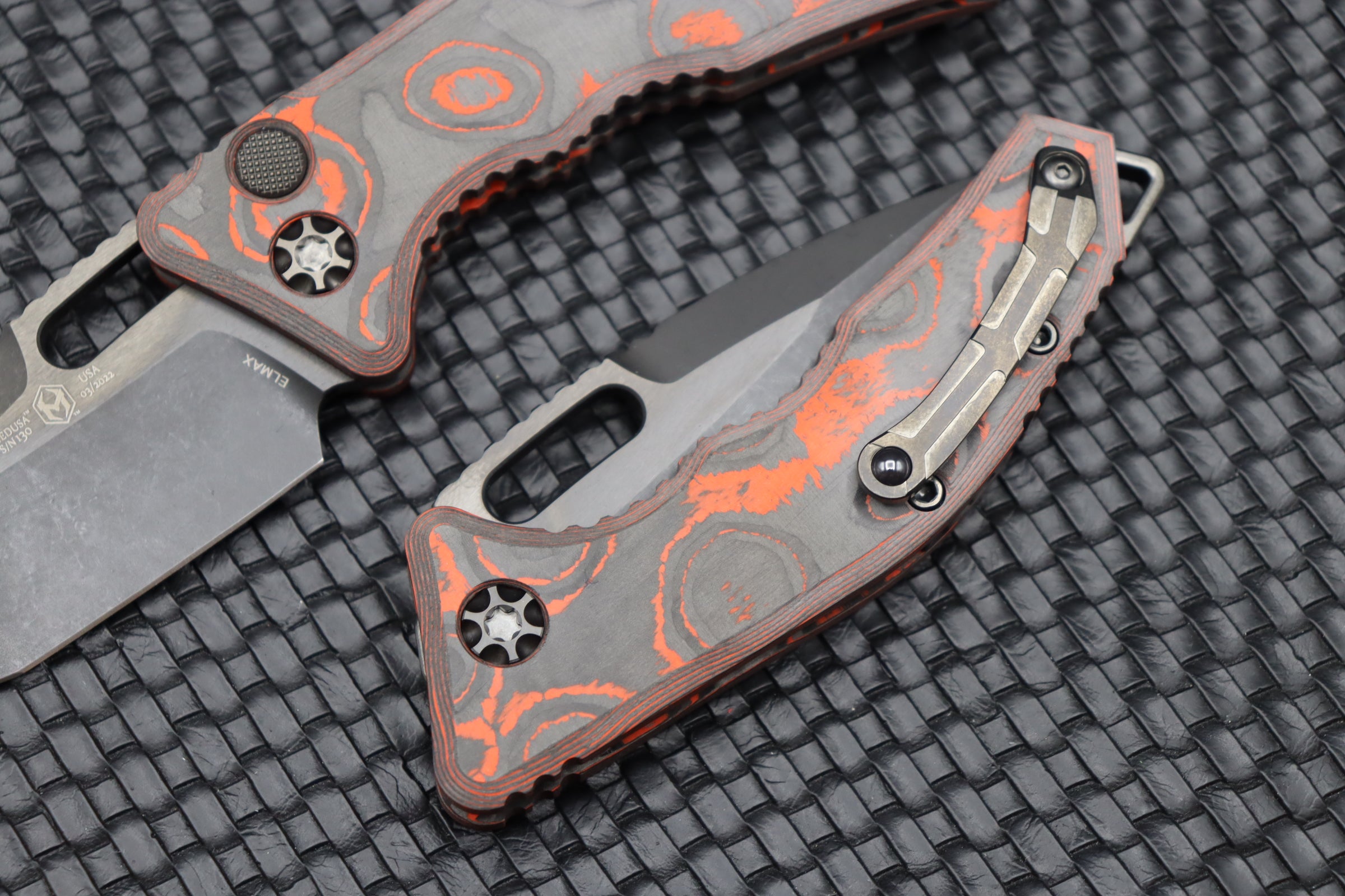 Heretic Knives Medusa Orange Camo Carbon Handles & DLC Tanto