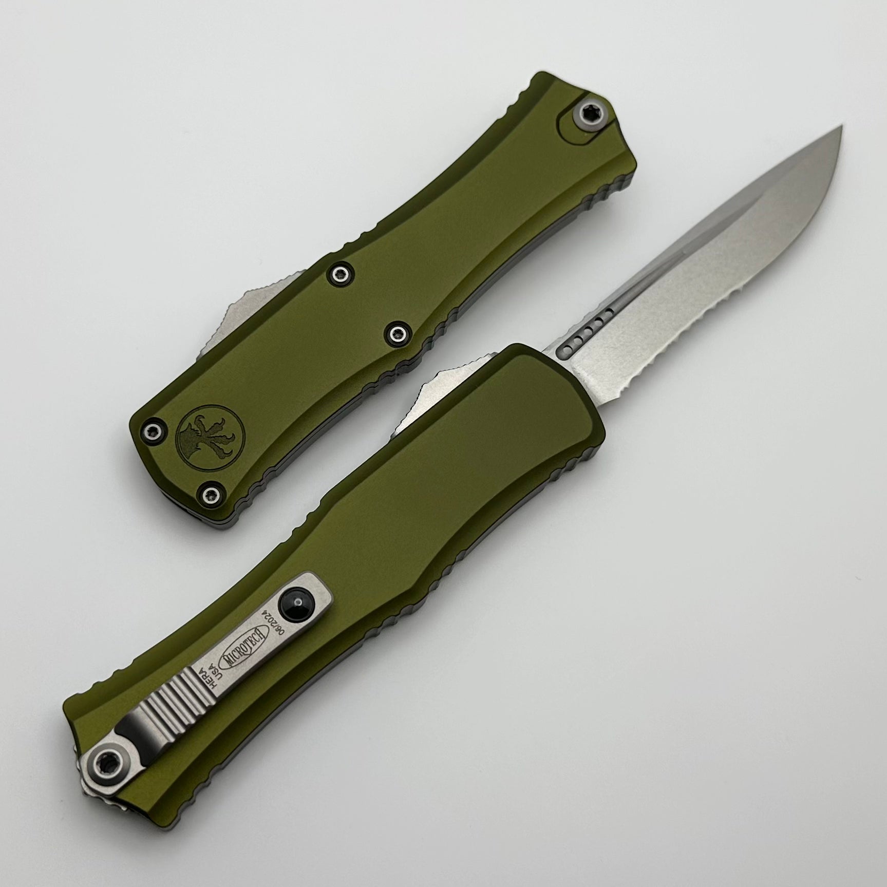 Microtech Knives Hera II Mini Stonewash Partial Serrated Recurve M390MK w/ OD Green Handle 1705M-11OD