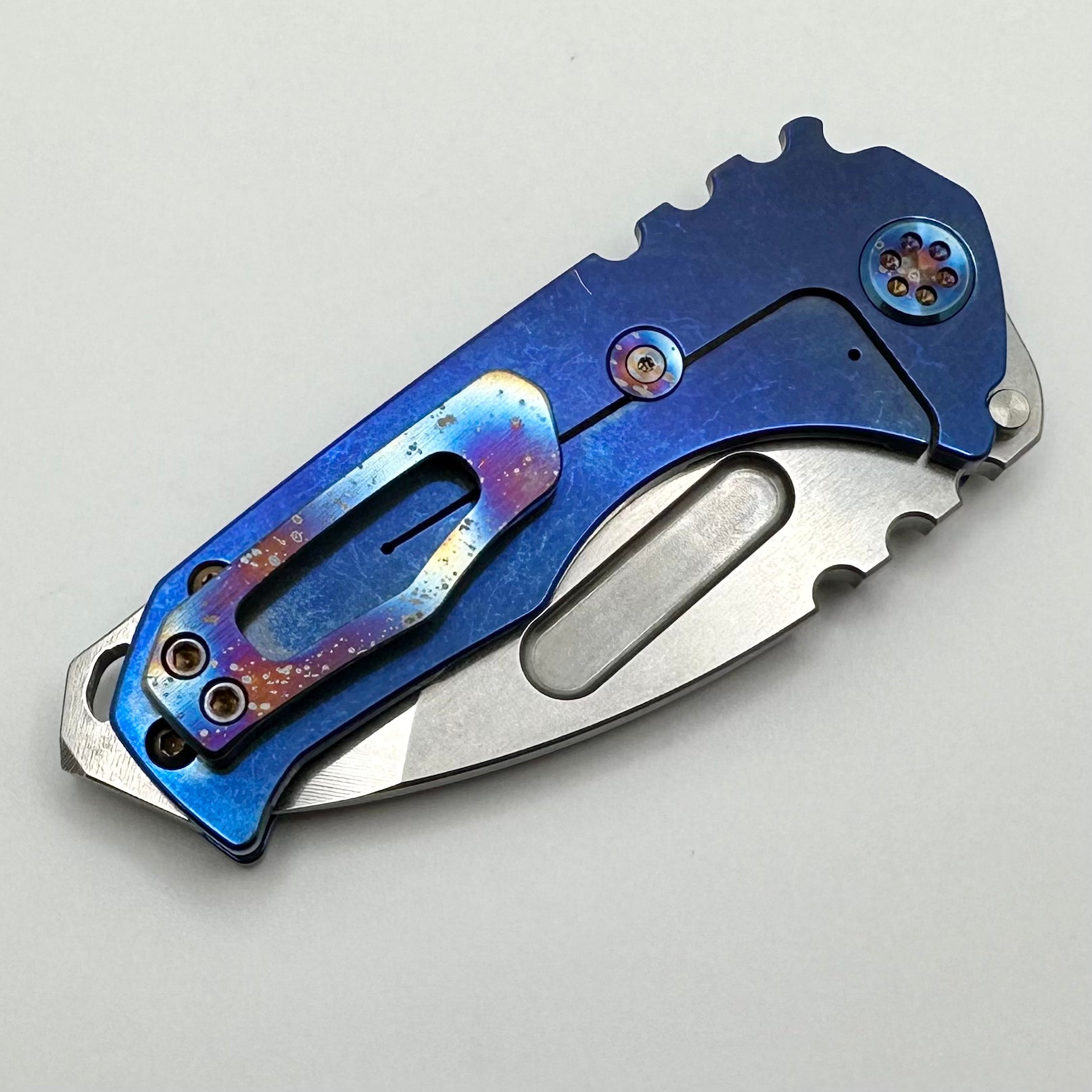 Medford Praetorian Genesis T Blue Tumbled Handles w/ Flamed Hardware & Galaxy Clip w/ S45VN Tumbled Tanto