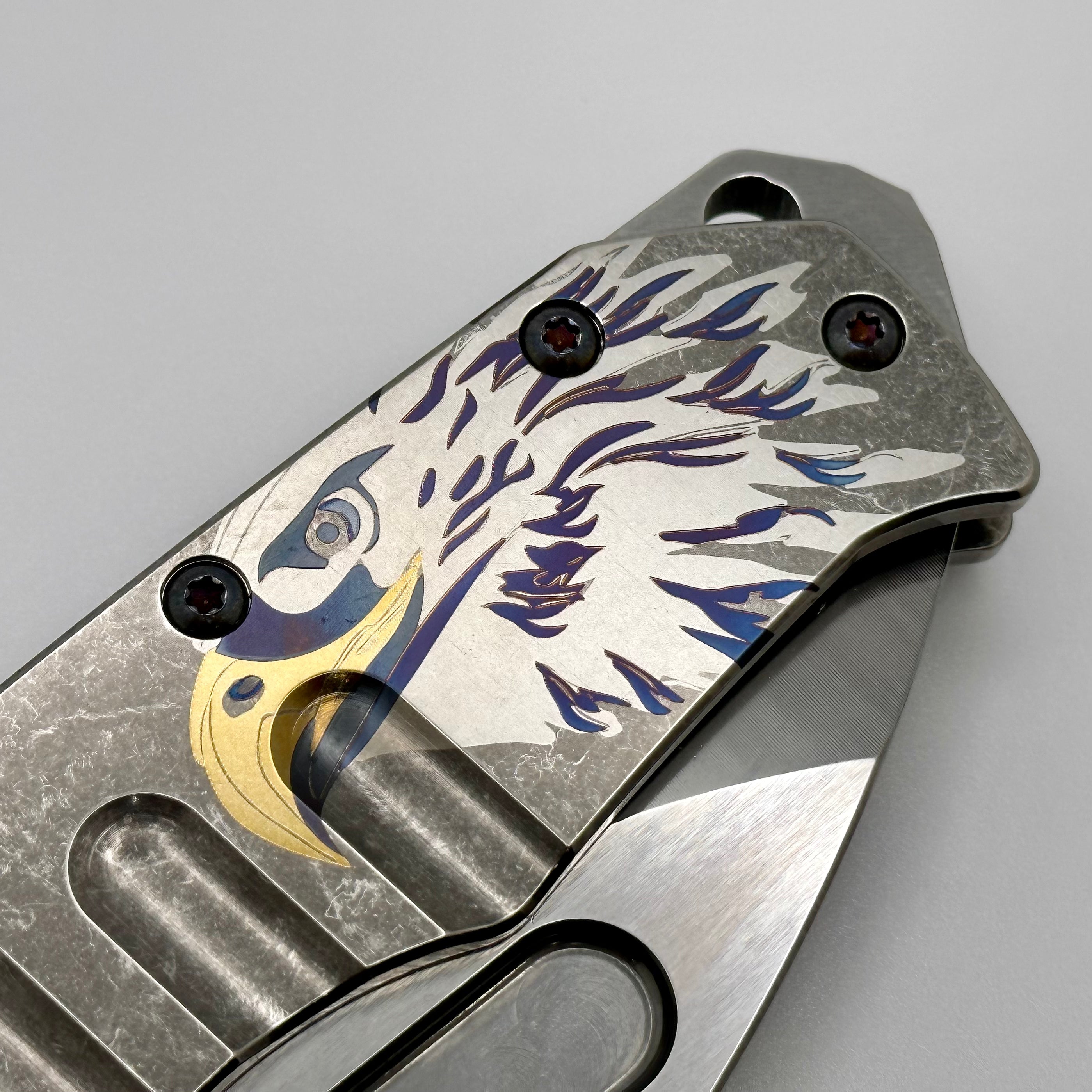 Medford Knife Praetorian T Drop Point Tumbled S45 & Tumbled Patriotic Eagle Engraved Handle w/ Blue Hardware/Clip