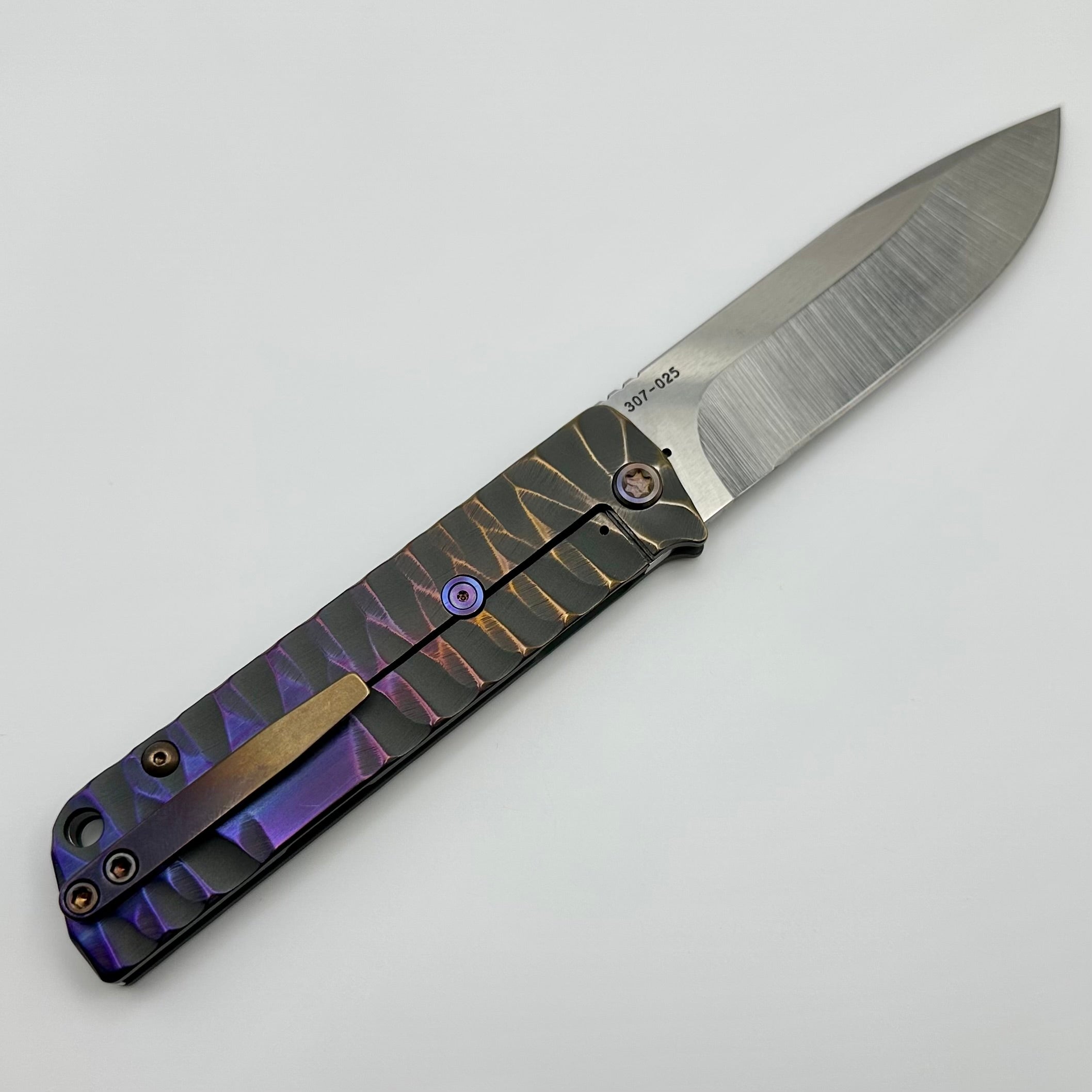 Medford Antik Front Flipper Tumbled S45 Drop Point & Bronze/Violet Predator Sculpted Titanium Handles