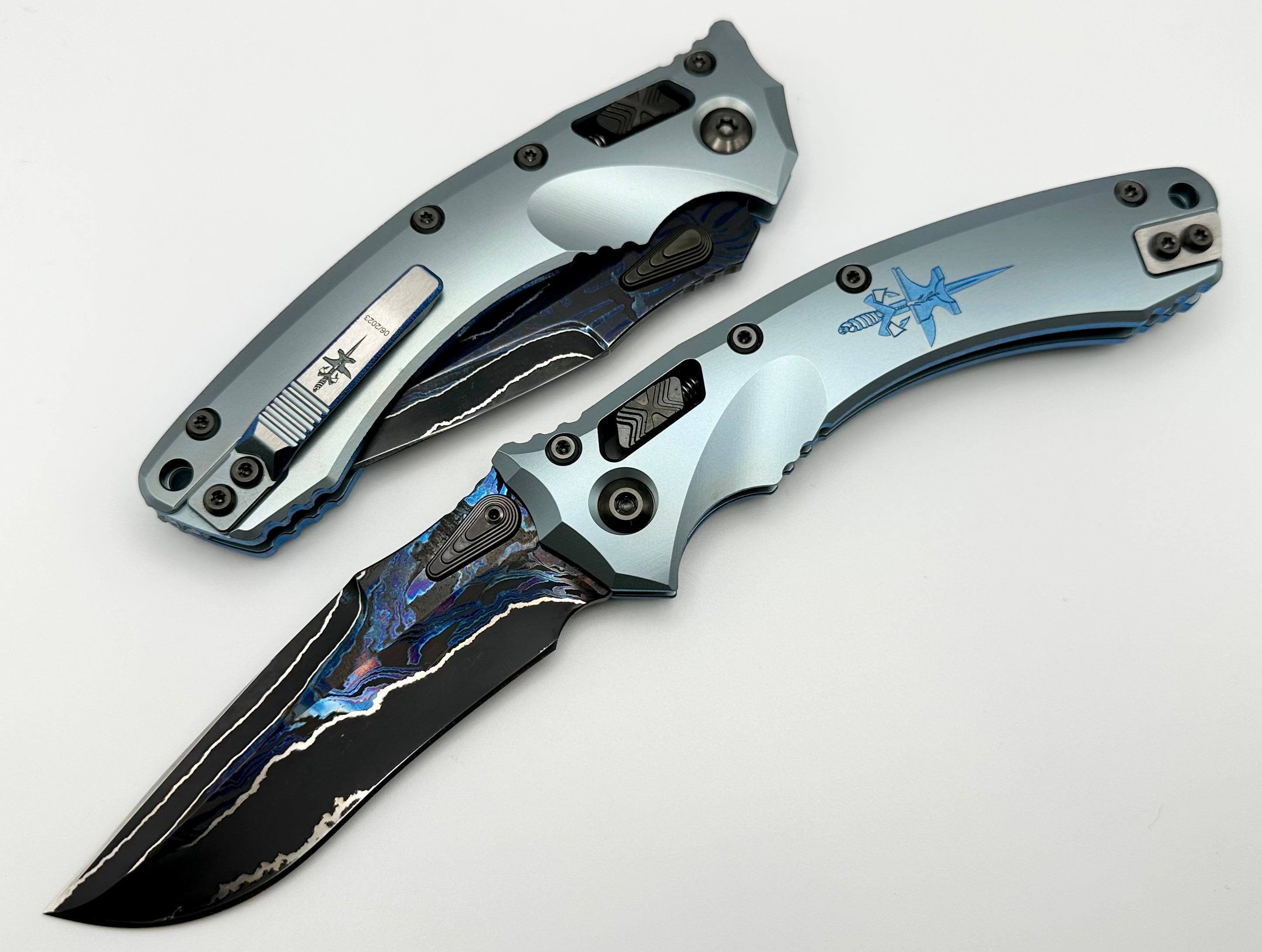 Marfione Custom Knives Amphibian RAM-LOK Metroid Broken Anvil Damascus & Ice Blue Stippled Titanium w/ Joint Logo Dagger Engraved