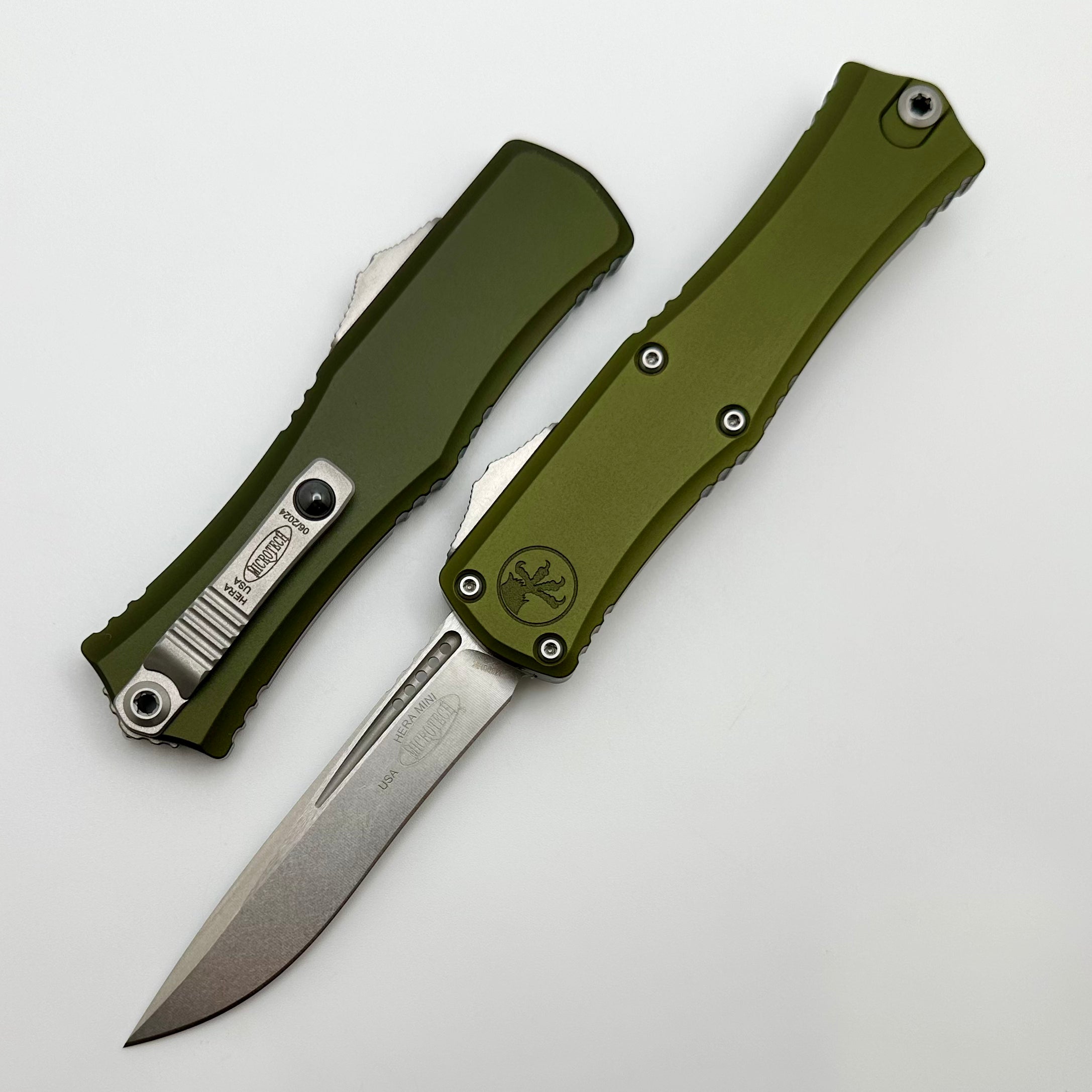 Microtech Knives Mini Hera Stonewash Recurve M390MK w/ OD Green Handle 1705M-10OD